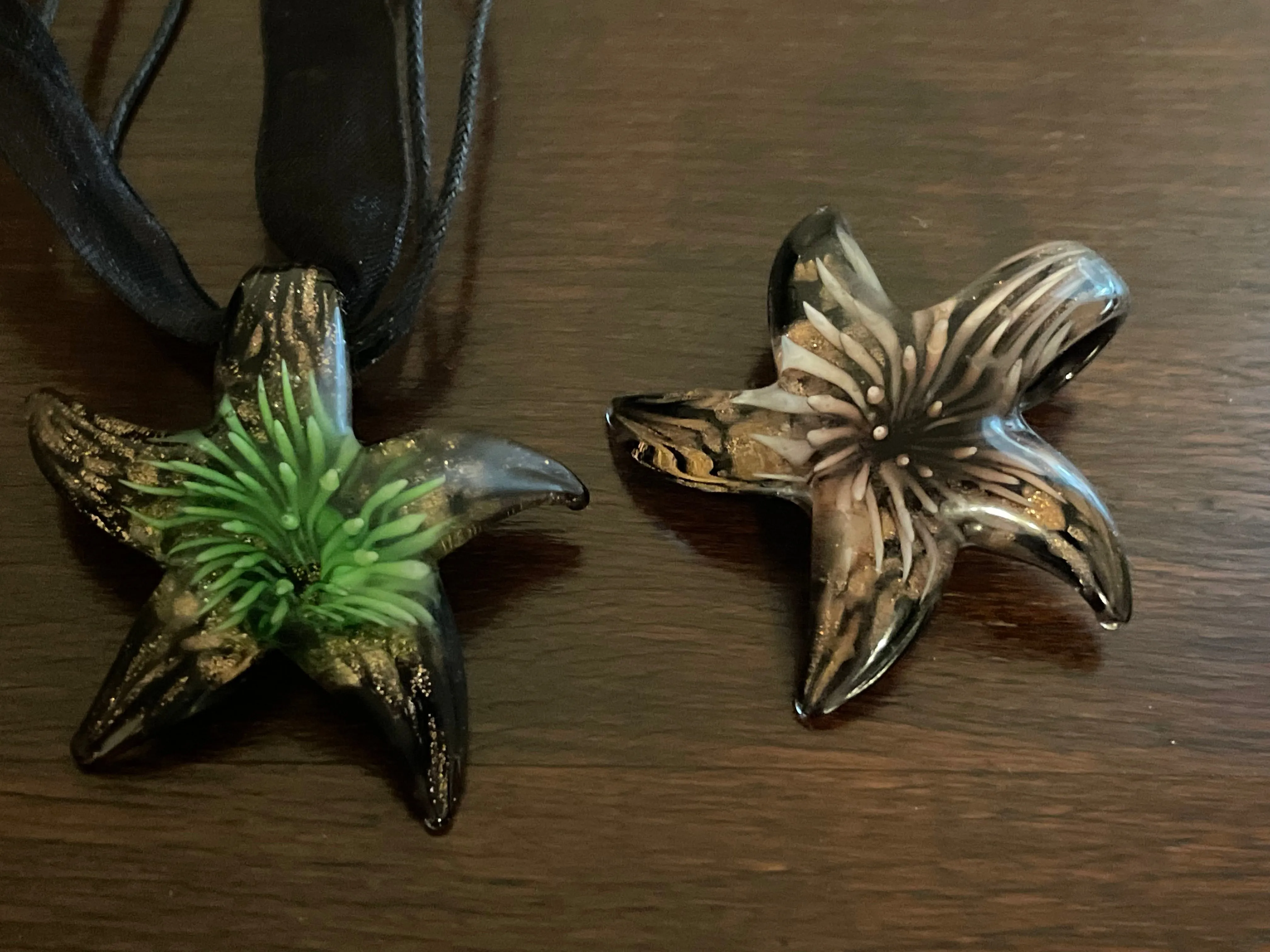 €€ Set of 2 Glass Blown Starfish Pendants Necklaces on Black Ribbon and Cord Interchangeable 3D