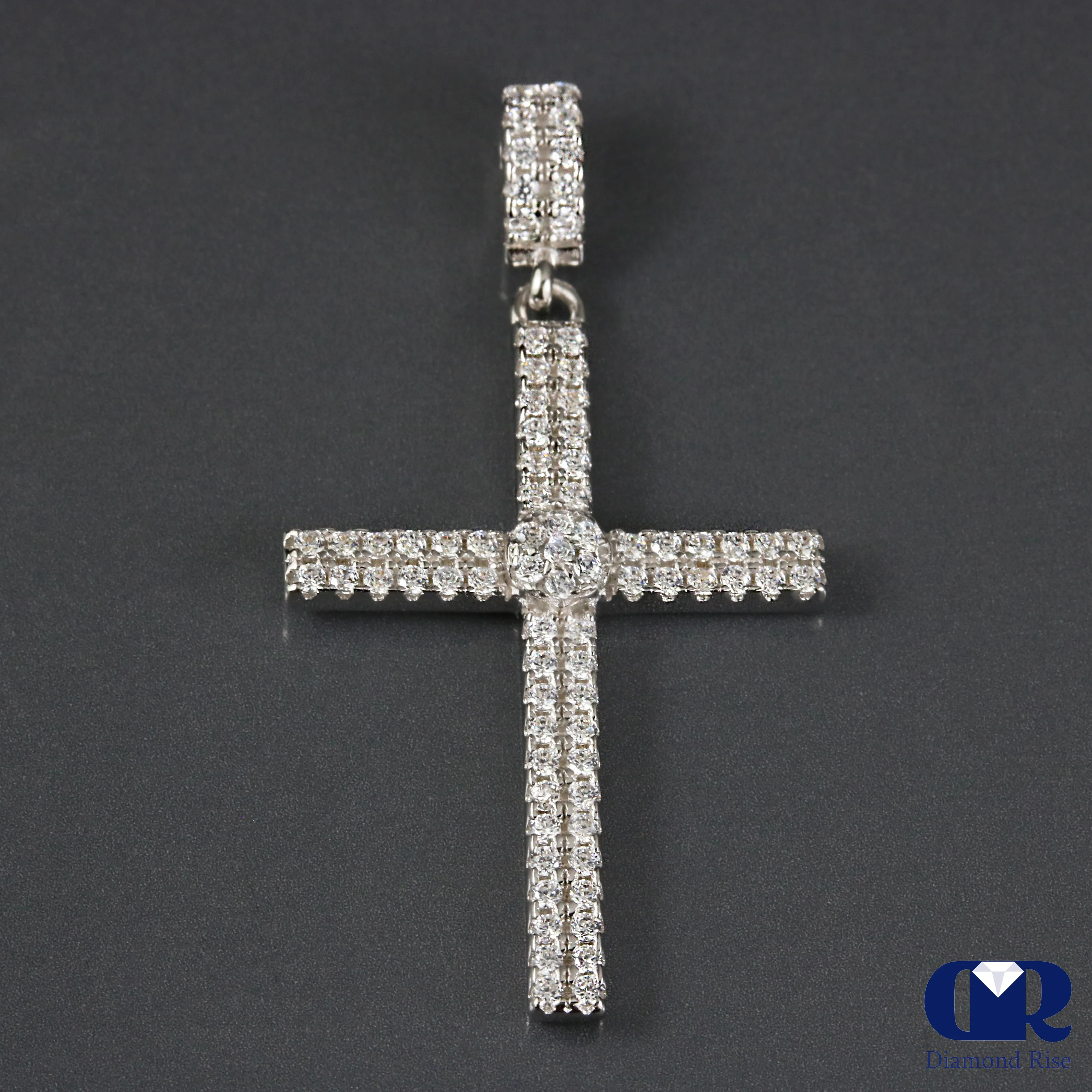 0.55 Carat Double Row Diamond Cross Pendant In 14K White Gold