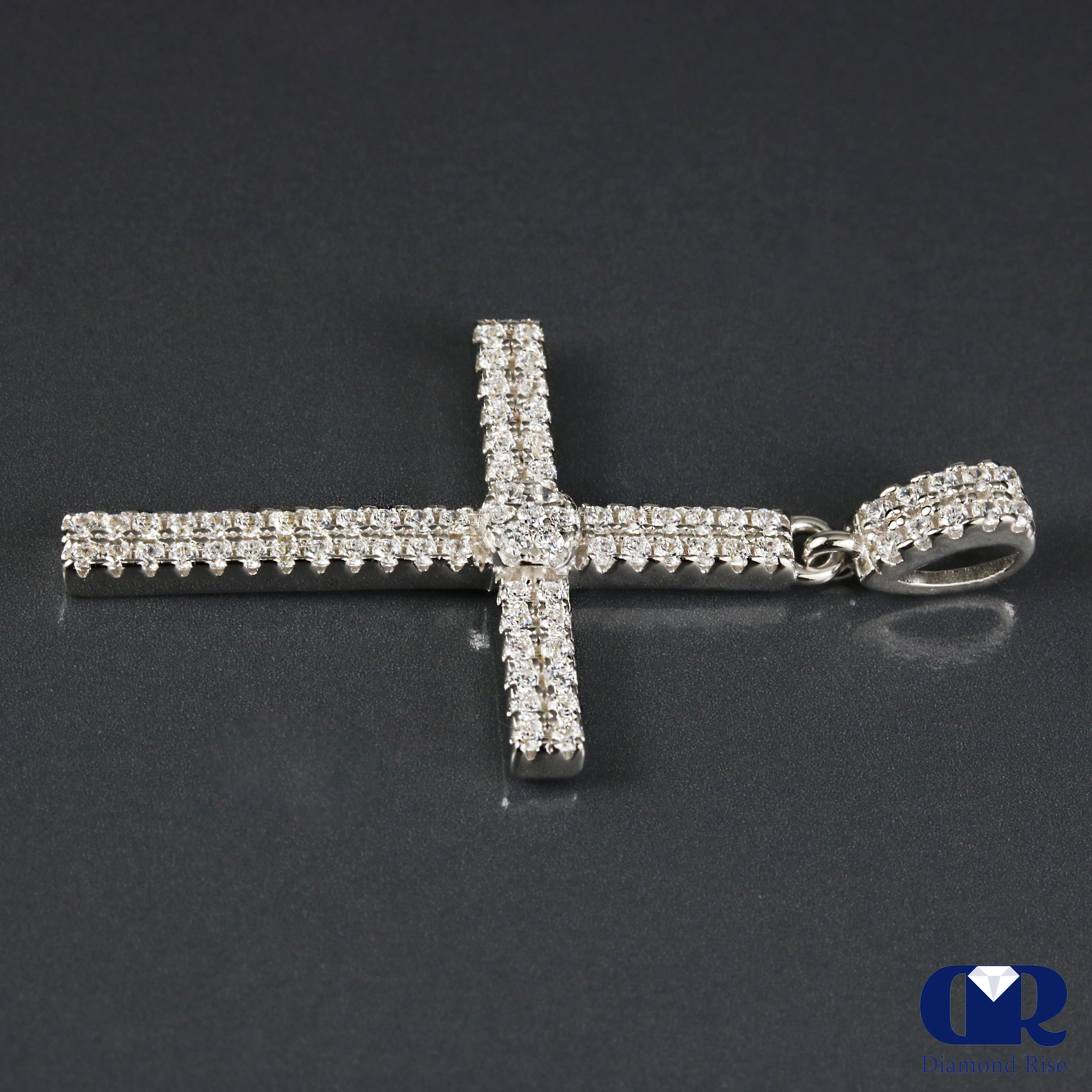 0.55 Carat Double Row Diamond Cross Pendant In 14K White Gold