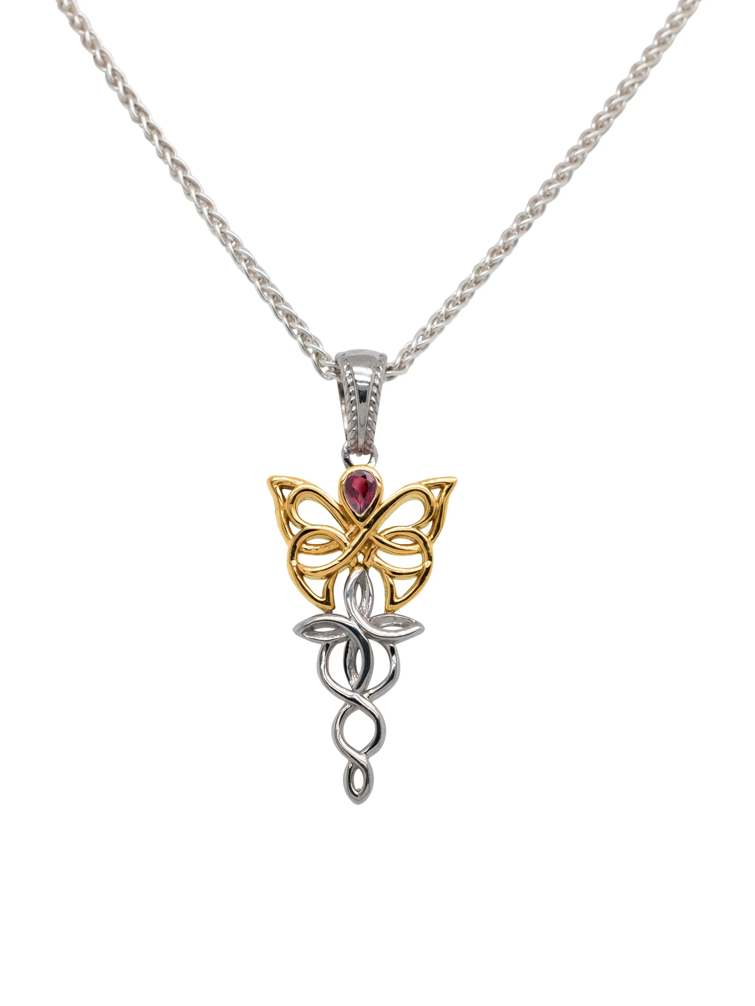 10k White and Yellow Gold Butterfly Petite Pendant - Rhodolite