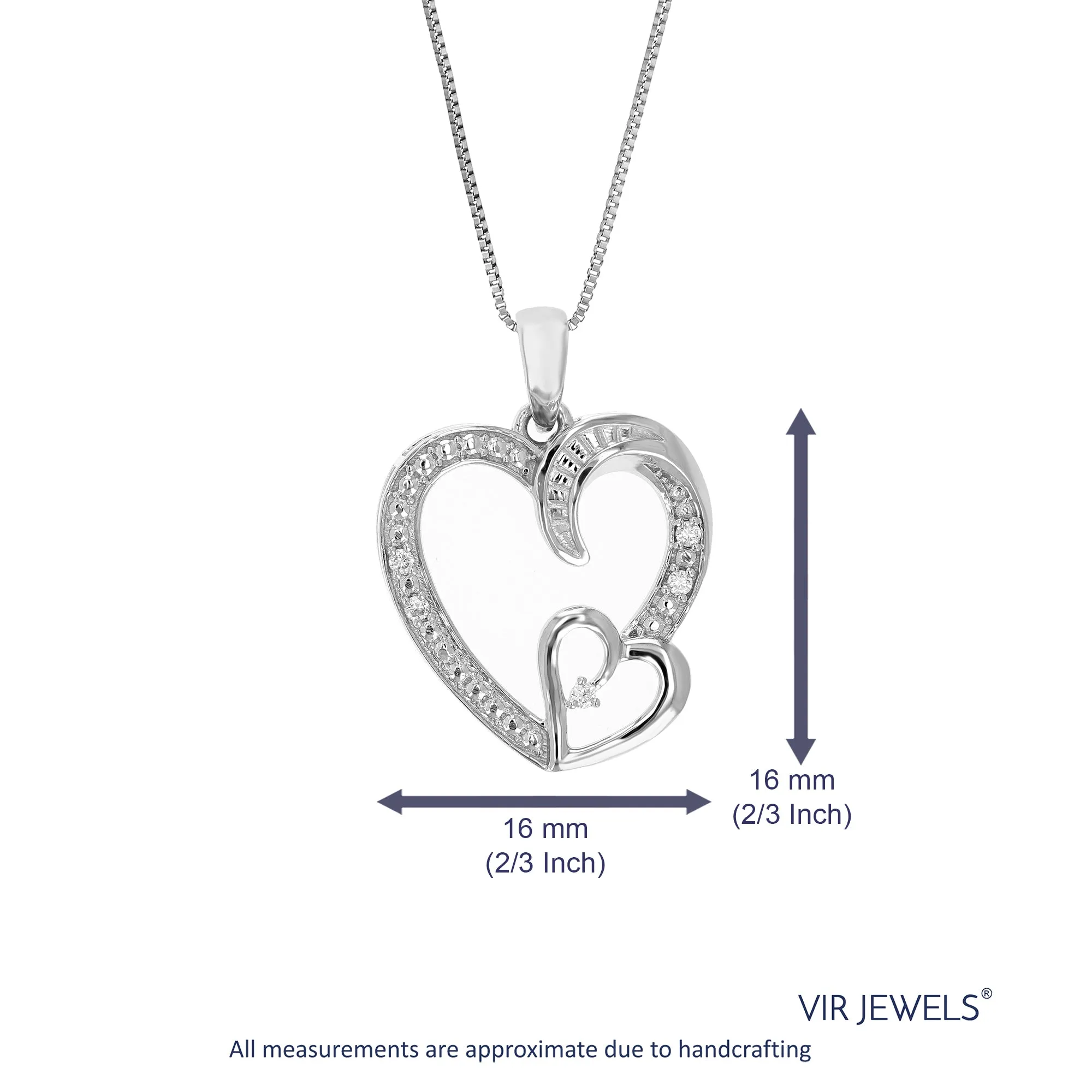 1/20 cttw Lab Grown Diamond Heart Pendant Necklace .925 Sterling Silver 2/3 Inch with 18 Inch Chain, Size 3/4 Inch