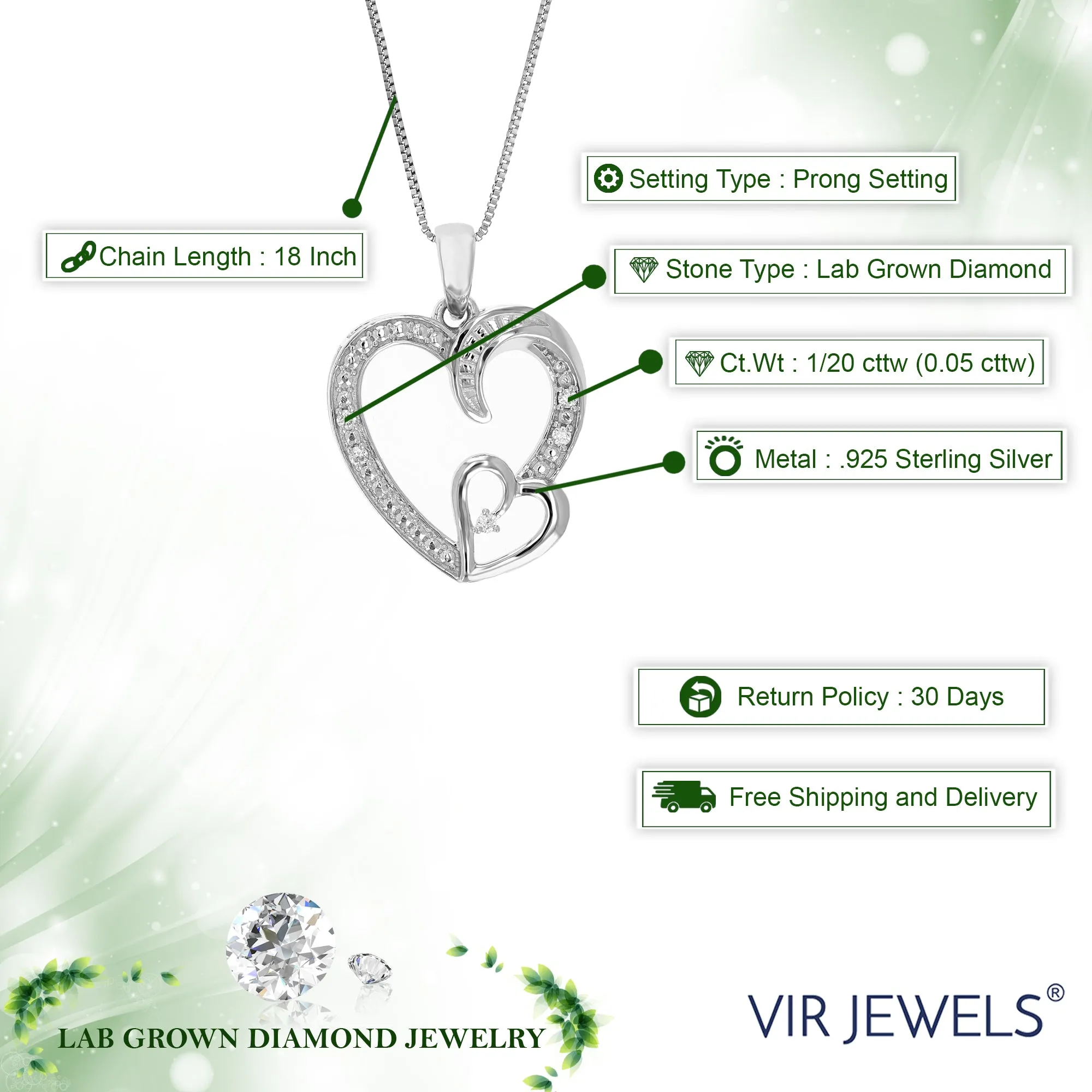 1/20 cttw Lab Grown Diamond Heart Pendant Necklace .925 Sterling Silver 2/3 Inch with 18 Inch Chain, Size 3/4 Inch