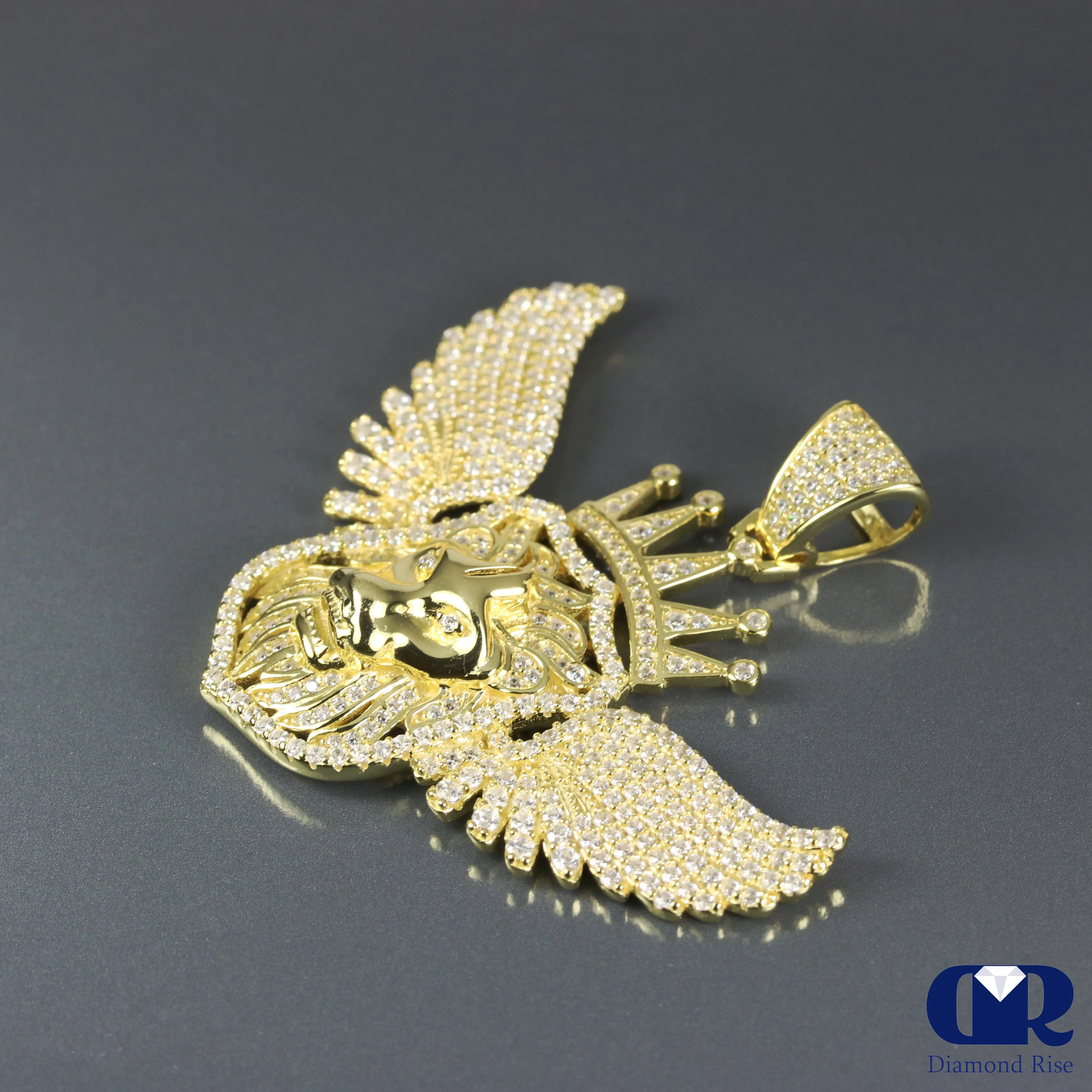 14K Gold Diamond Lion Head Pendant With Wings