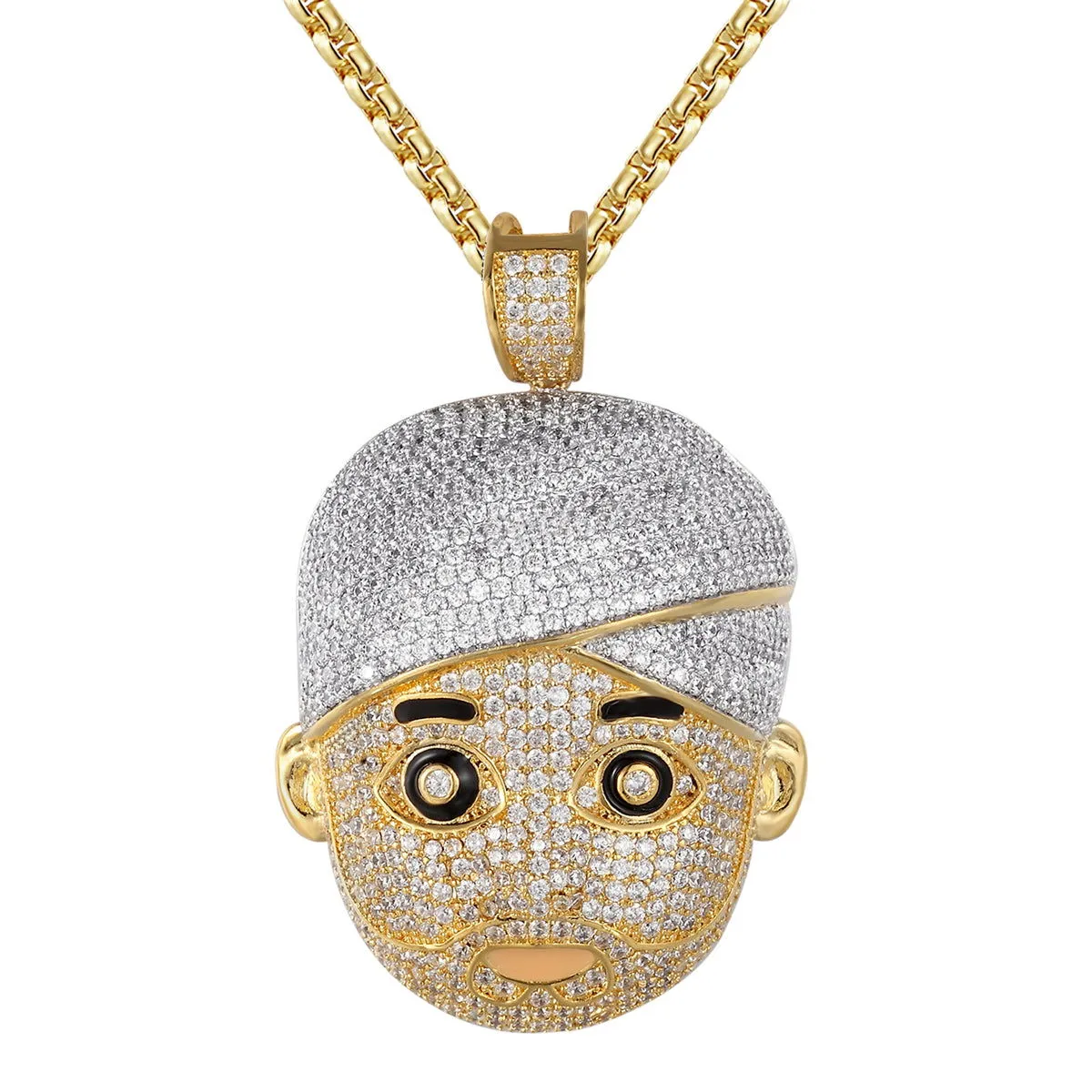 14K Yellow Gold Tone Turban Man Face Emoji Icy Custom Pendant