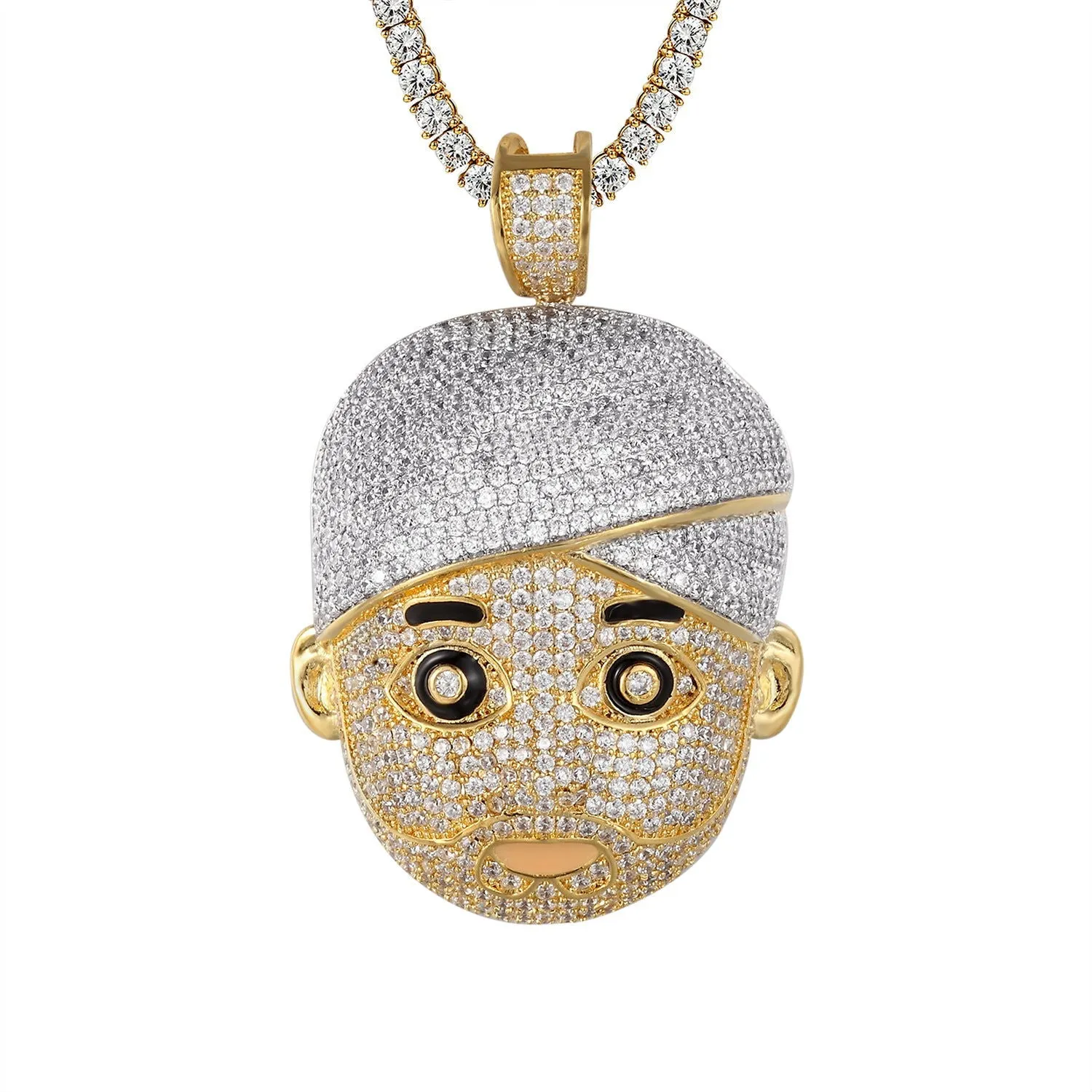 14K Yellow Gold Tone Turban Man Face Emoji Icy Custom Pendant