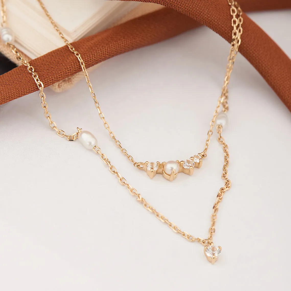 14kt Gold Pearl and White Sapphire Necklace