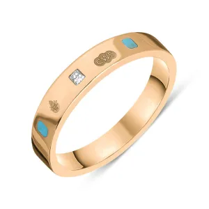 18ct Rose Gold Turquoise 0.09ct Diamond Queen's Jubilee Hallmark Princess Cut 4mm Ring