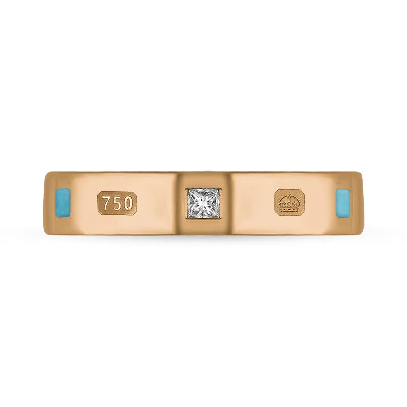 18ct Rose Gold Turquoise 0.09ct Diamond Queen's Jubilee Hallmark Princess Cut 4mm Ring