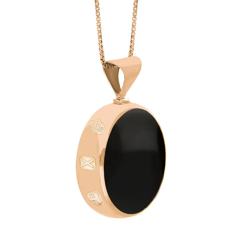 18ct Rose Gold Whitby Jet Mother of Pearl Queens Jubilee Hallmark Double Sided Round Necklace