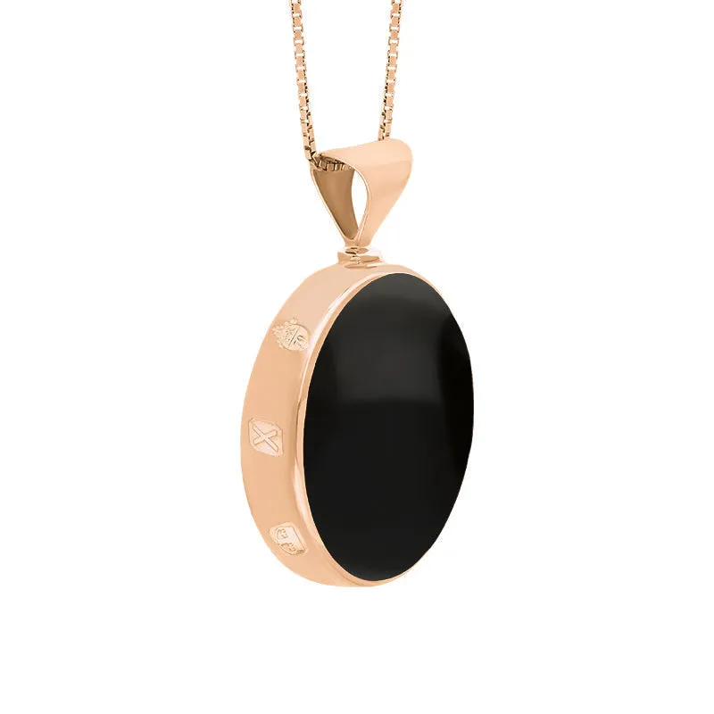 18ct Rose Gold Whitby Jet Mother of Pearl Queens Jubilee Hallmark Double Sided Round Necklace