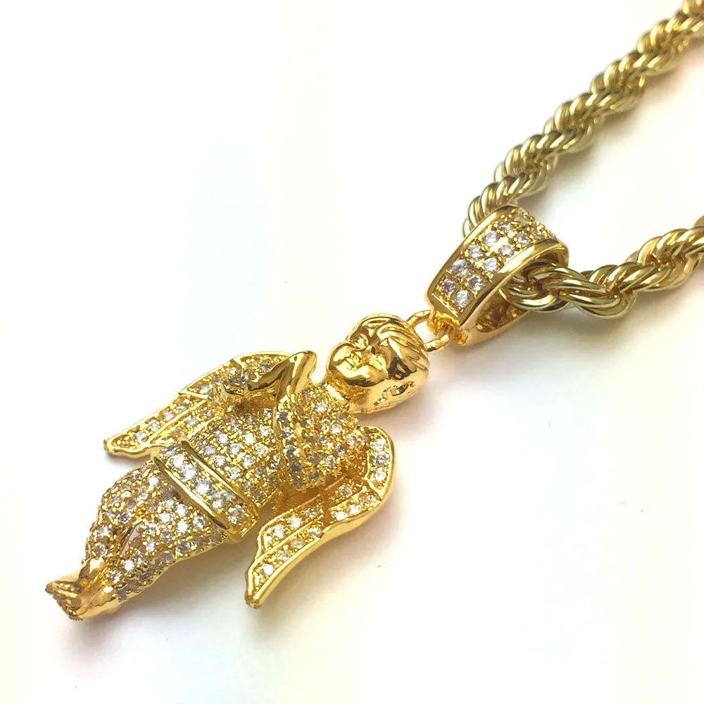 18k Gold Plated CZ Angel Piece Pendant with 4mm Rope Chain 24 Inches Long