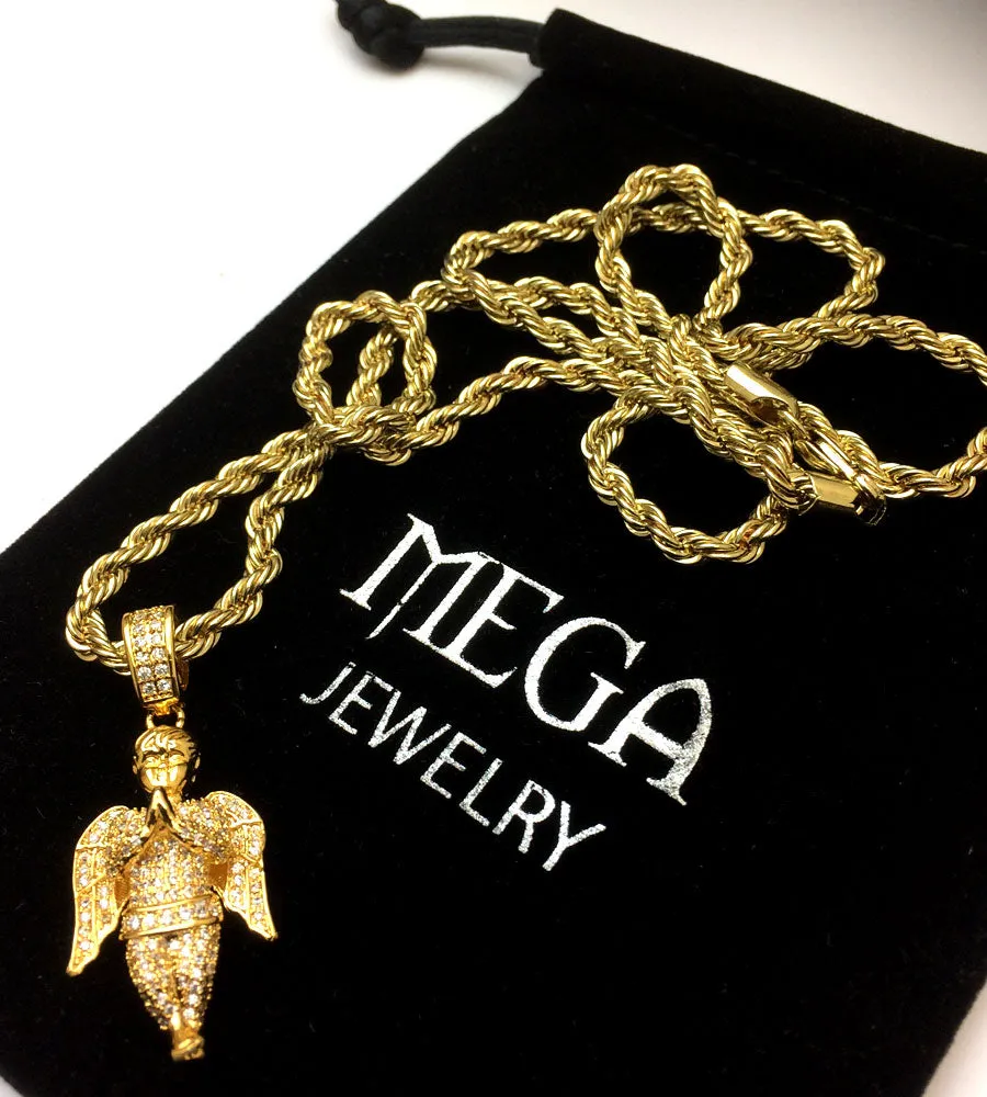 18k Gold Plated CZ Angel Piece Pendant with 4mm Rope Chain 24 Inches Long