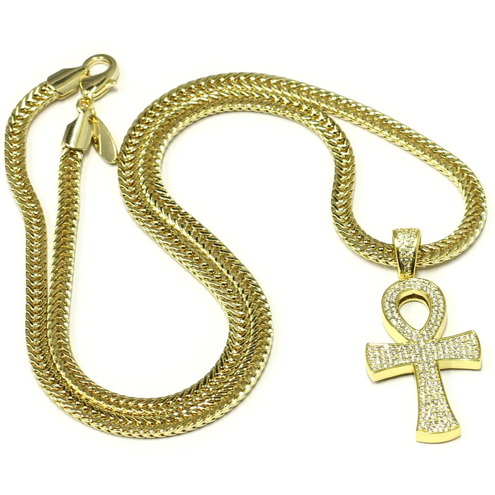 18k Gold Plated CZ Ankh Cross Pendant with 2.4mm Flat Franco Box Chain