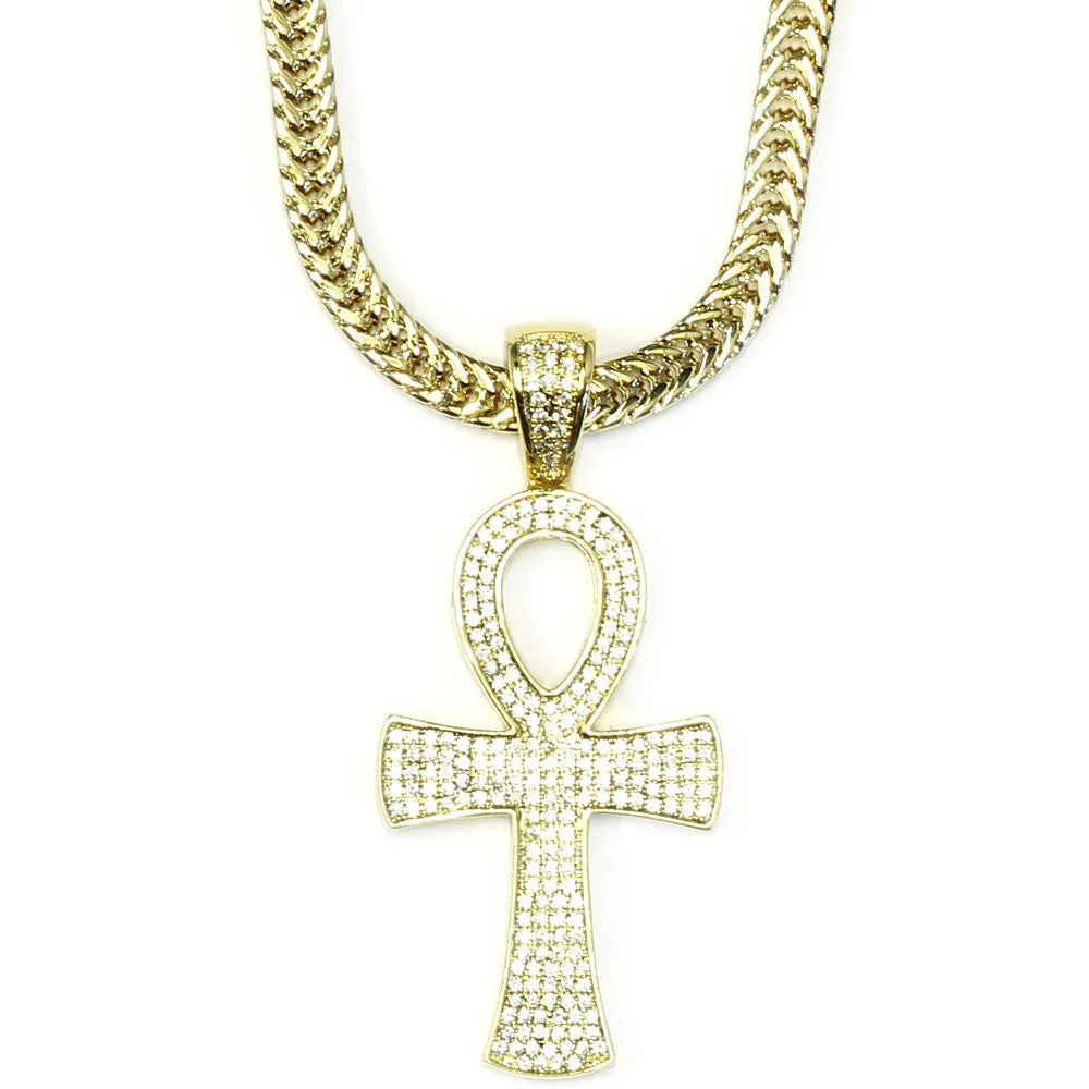 18k Gold Plated CZ Ankh Cross Pendant with 2.4mm Flat Franco Box Chain