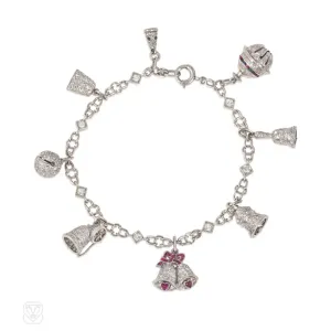 1920s platinum and multi-gem bell charm bracelet