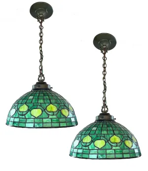 $600 PAIR - Pair of Reproduction Tiffany Square and Leaf Pattern Emerald Shades on Custom Verdegris Holders