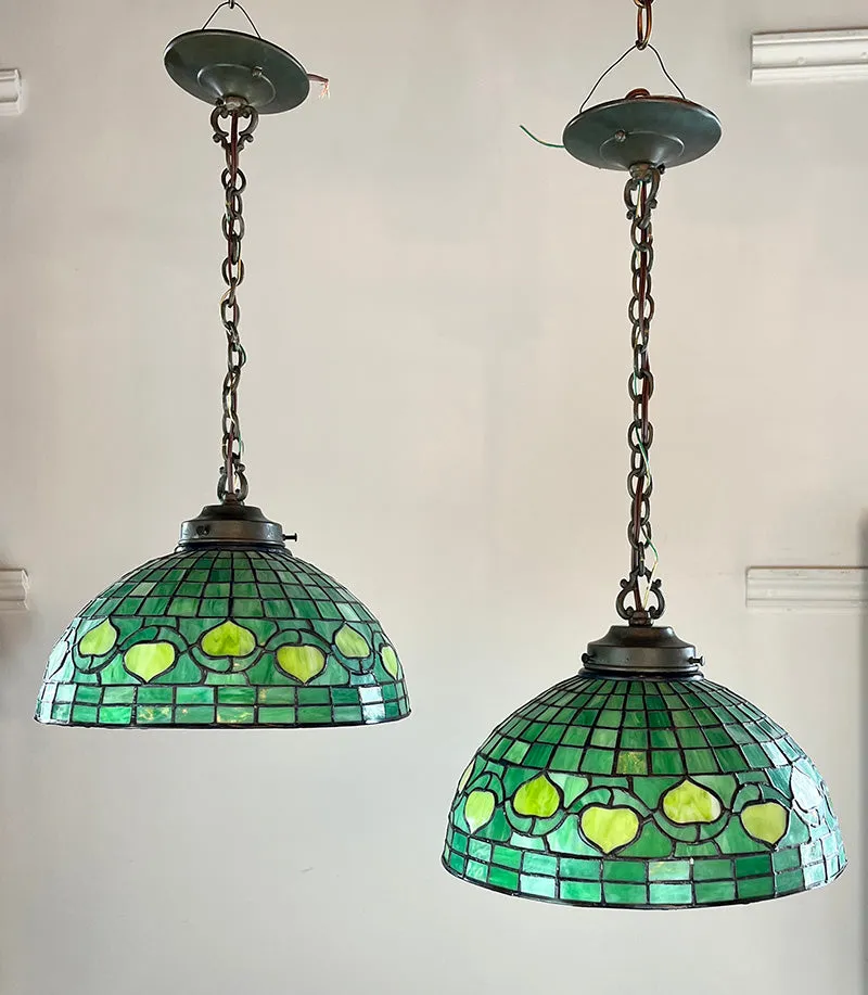 $600 PAIR - Pair of Reproduction Tiffany Square and Leaf Pattern Emerald Shades on Custom Verdegris Holders