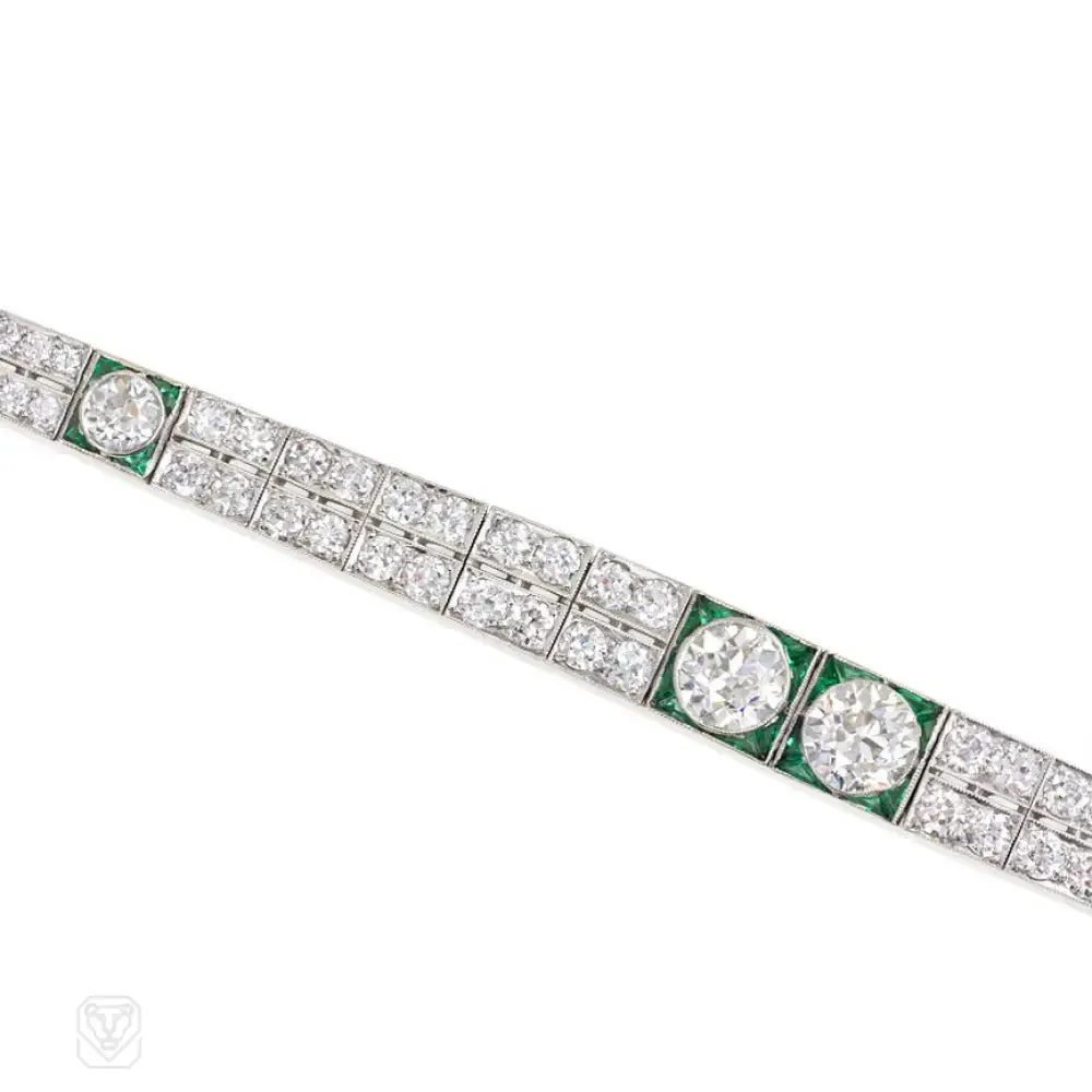 Art Deco tapered diamond and emerald bracelet