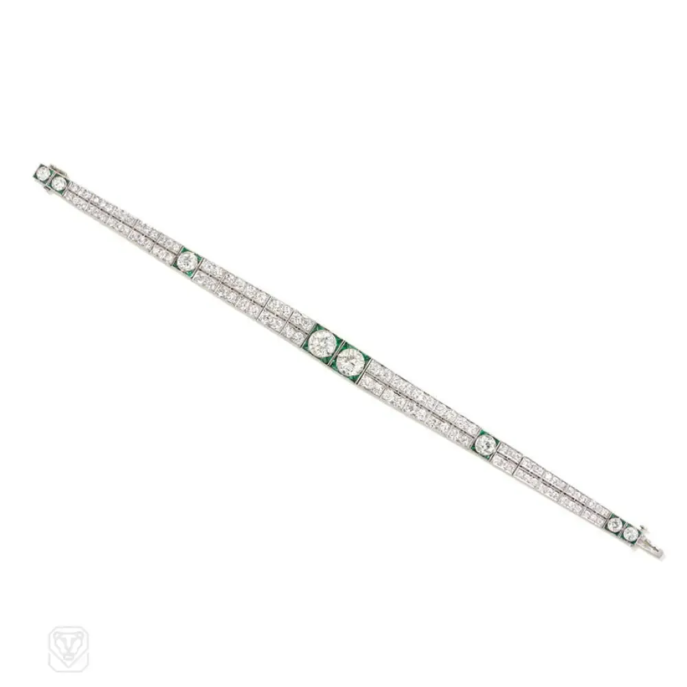 Art Deco tapered diamond and emerald bracelet