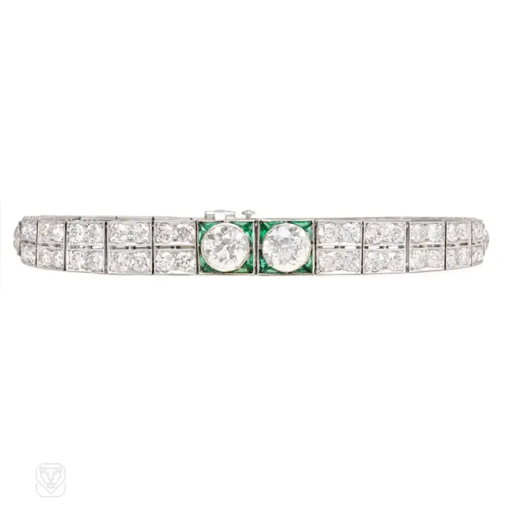 Art Deco tapered diamond and emerald bracelet