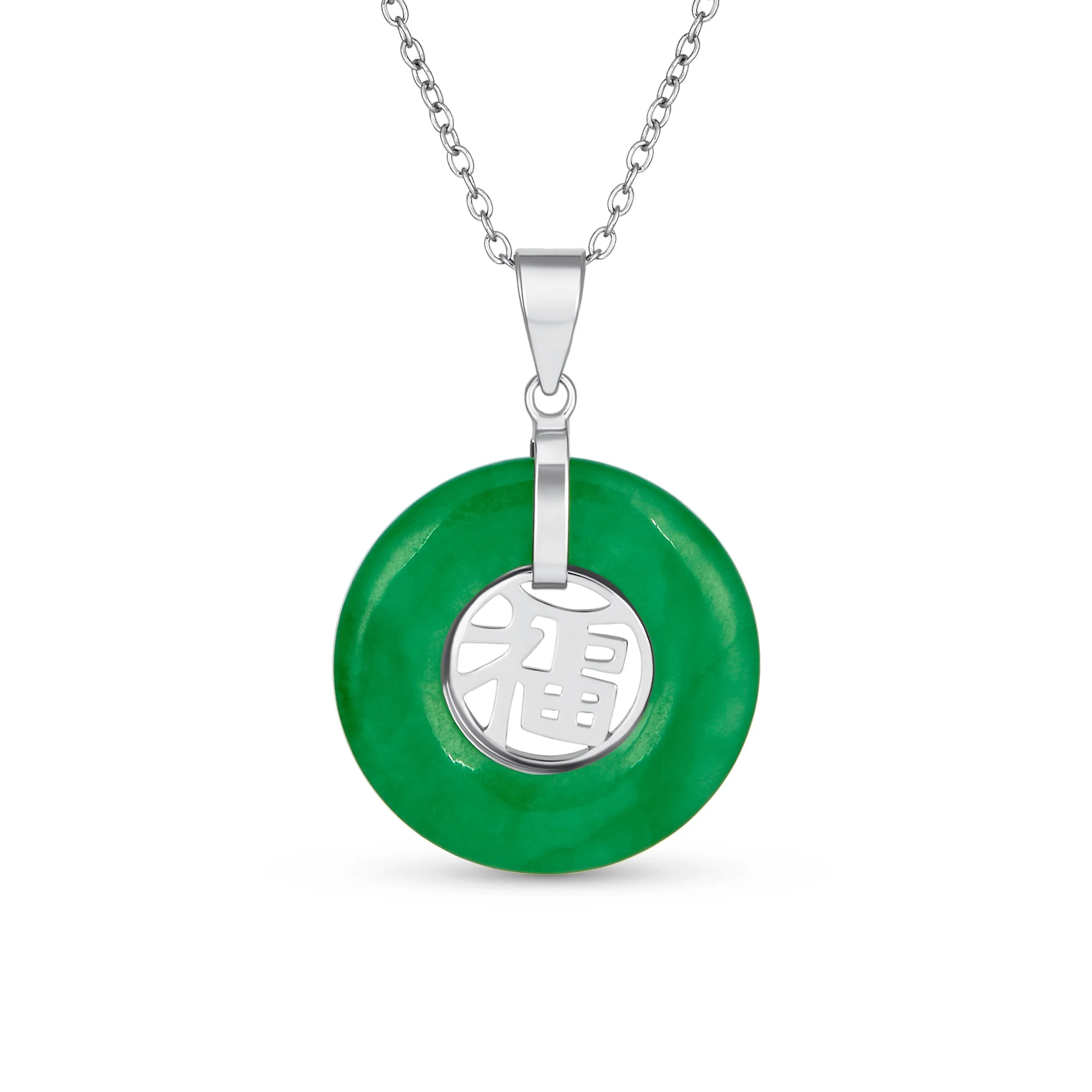 Asian Style Green Jade Disc Pendant Necklace 14K Gold Plated Silver Fu Symbol