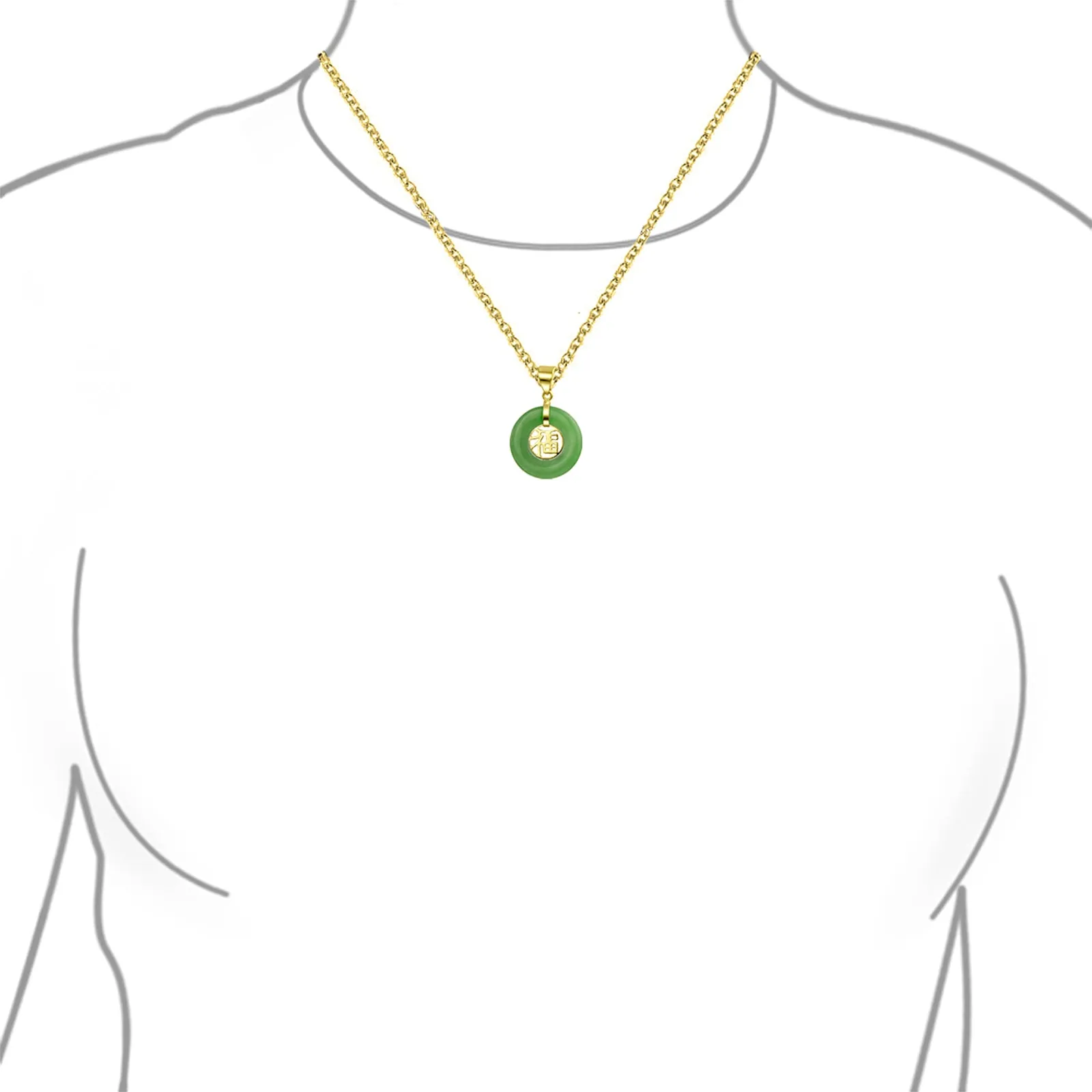 Asian Style Green Jade Disc Pendant Necklace 14K Gold Plated Silver Fu Symbol