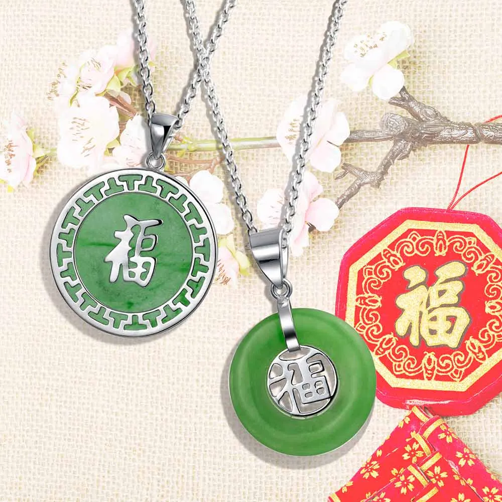 Asian Style Green Jade Disc Pendant Necklace 14K Gold Plated Silver Fu Symbol