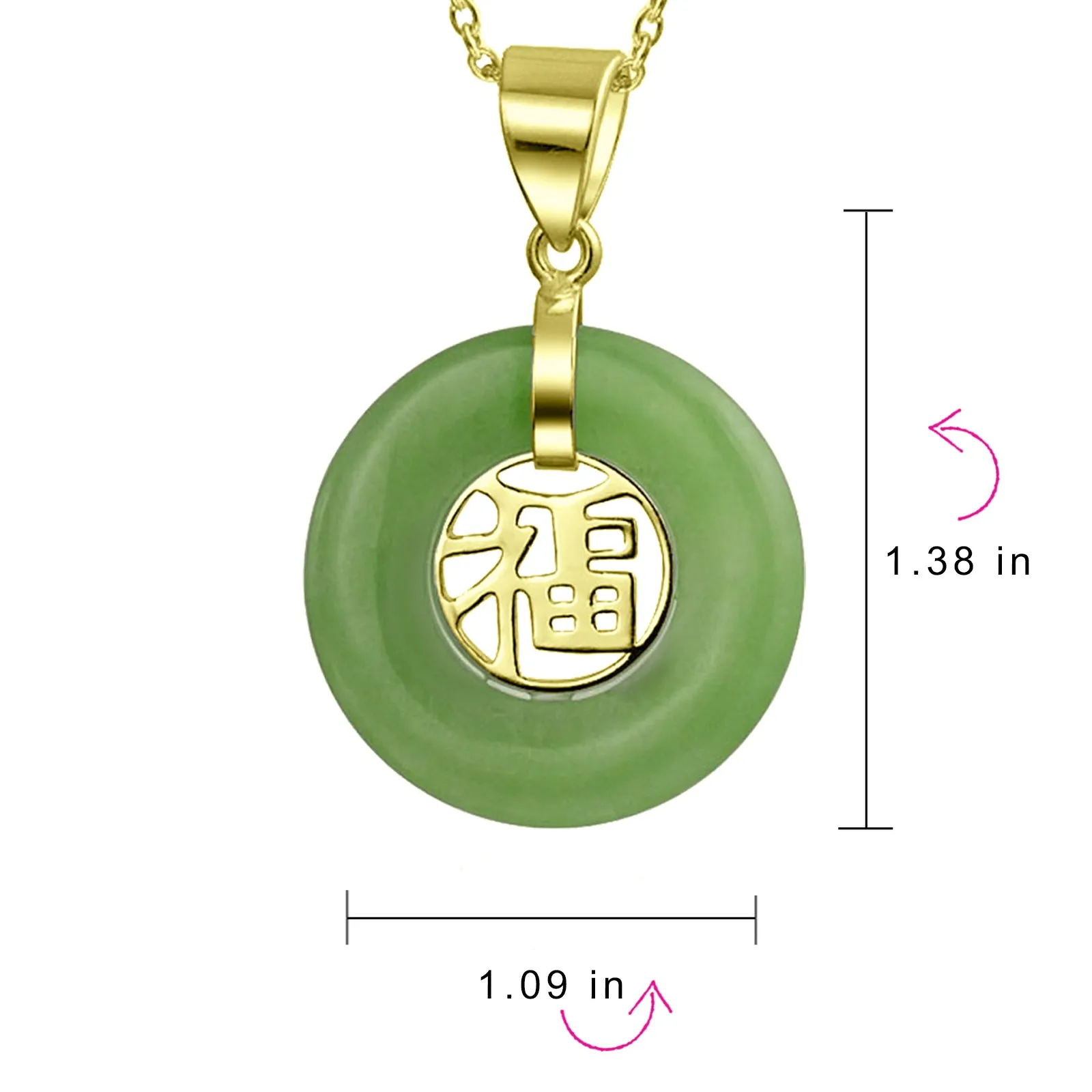 Asian Style Green Jade Disc Pendant Necklace 14K Gold Plated Silver Fu Symbol