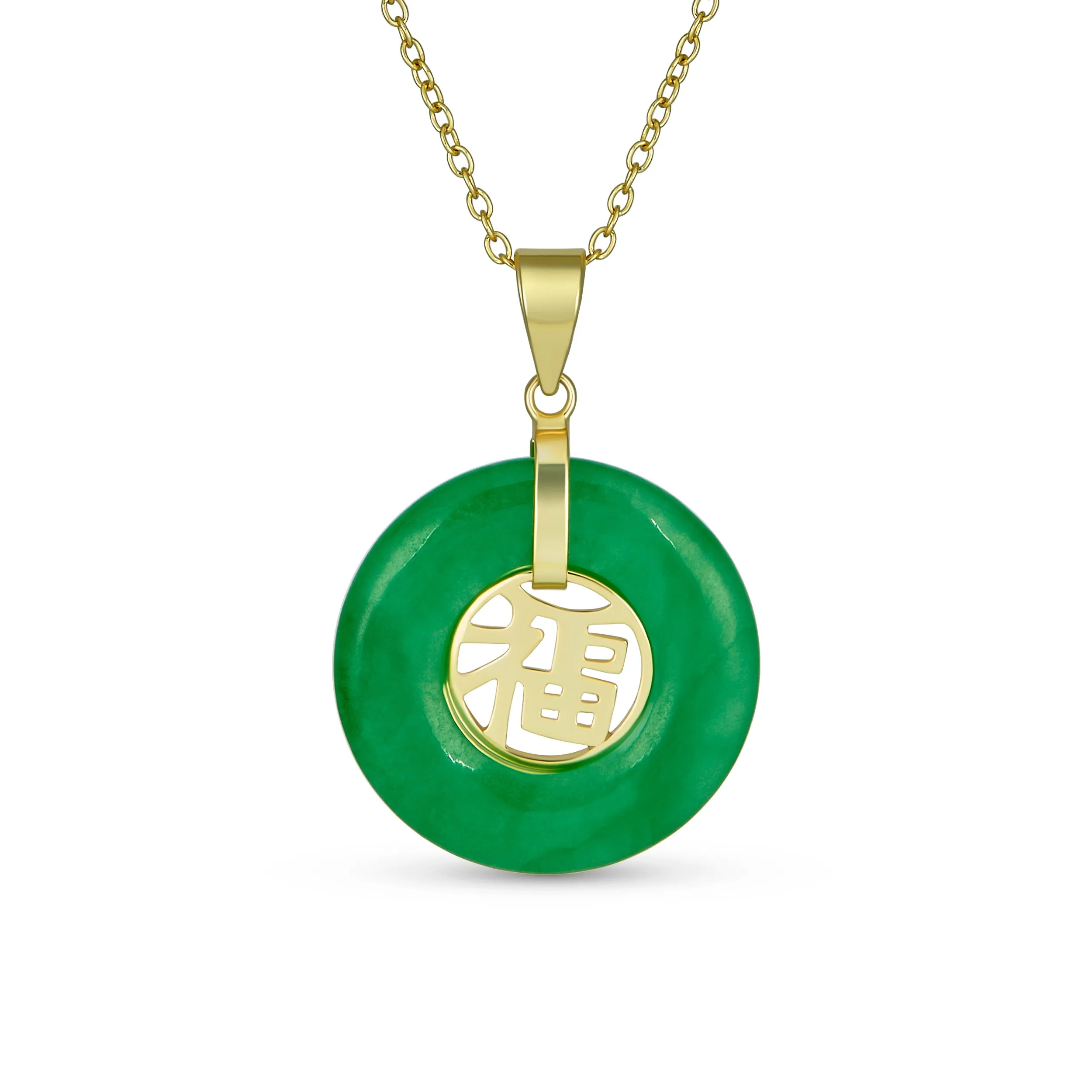 Asian Style Green Jade Disc Pendant Necklace 14K Gold Plated Silver Fu Symbol