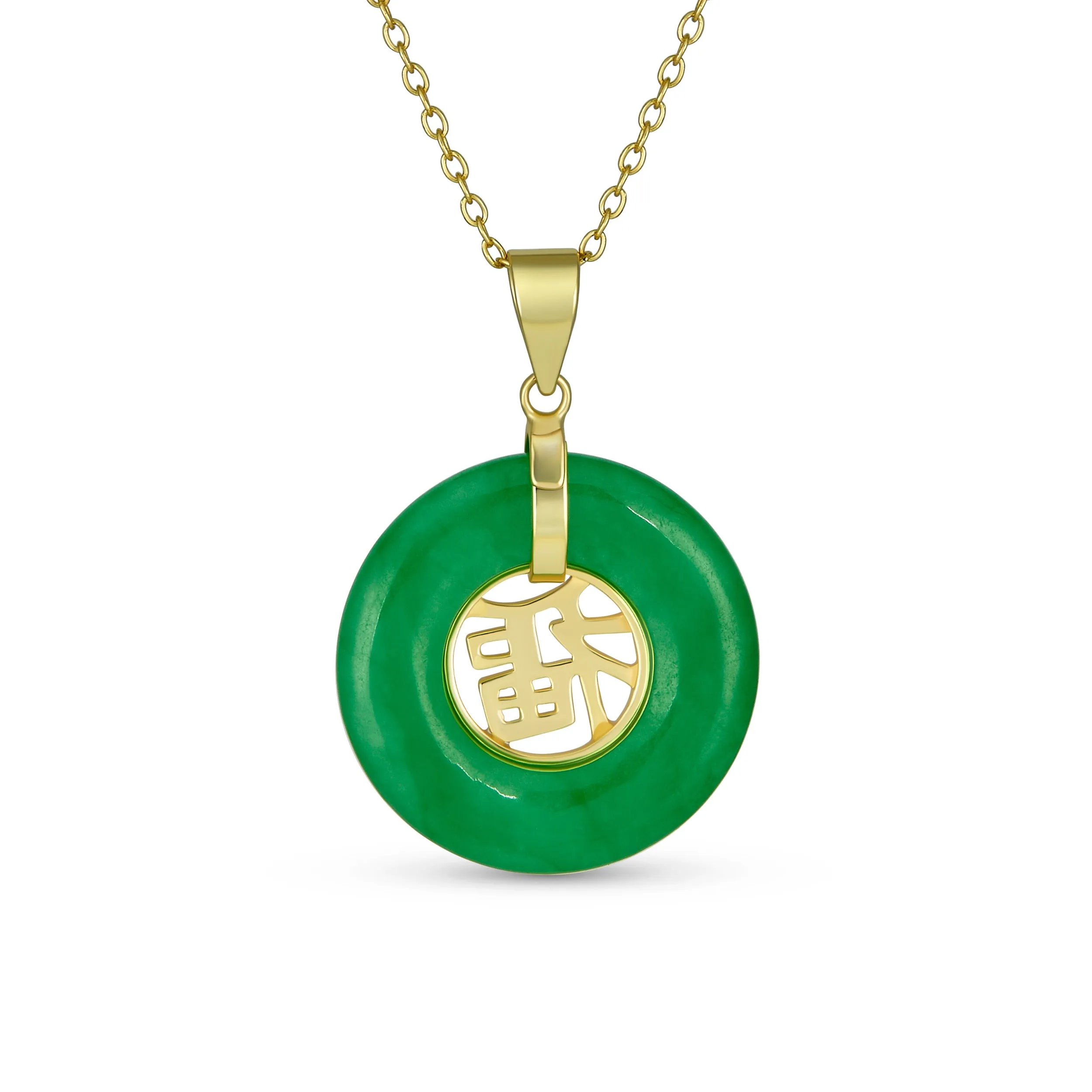 Asian Style Green Jade Disc Pendant Necklace 14K Gold Plated Silver Fu Symbol