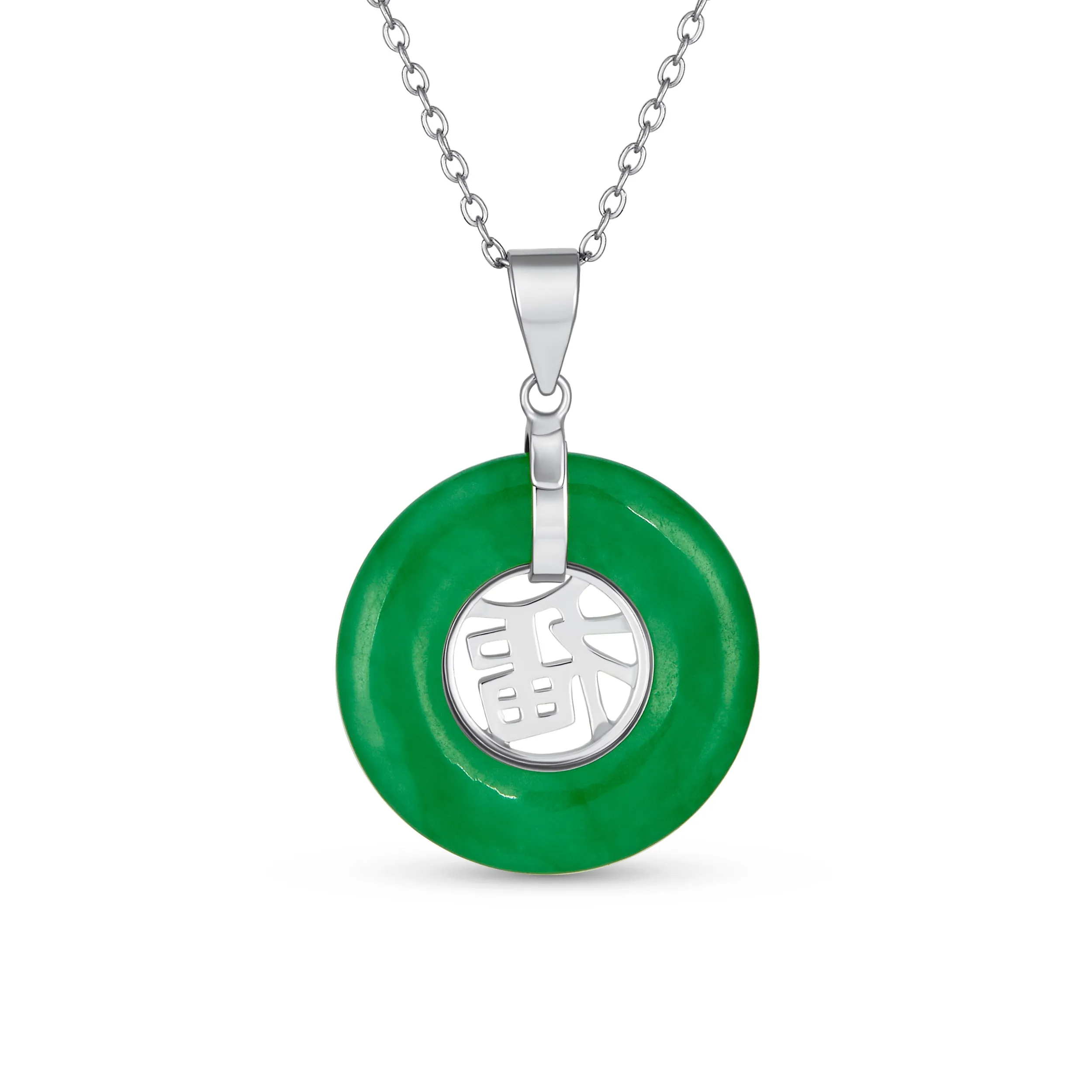 Asian Style Green Jade Disc Pendant Necklace 14K Gold Plated Silver Fu Symbol