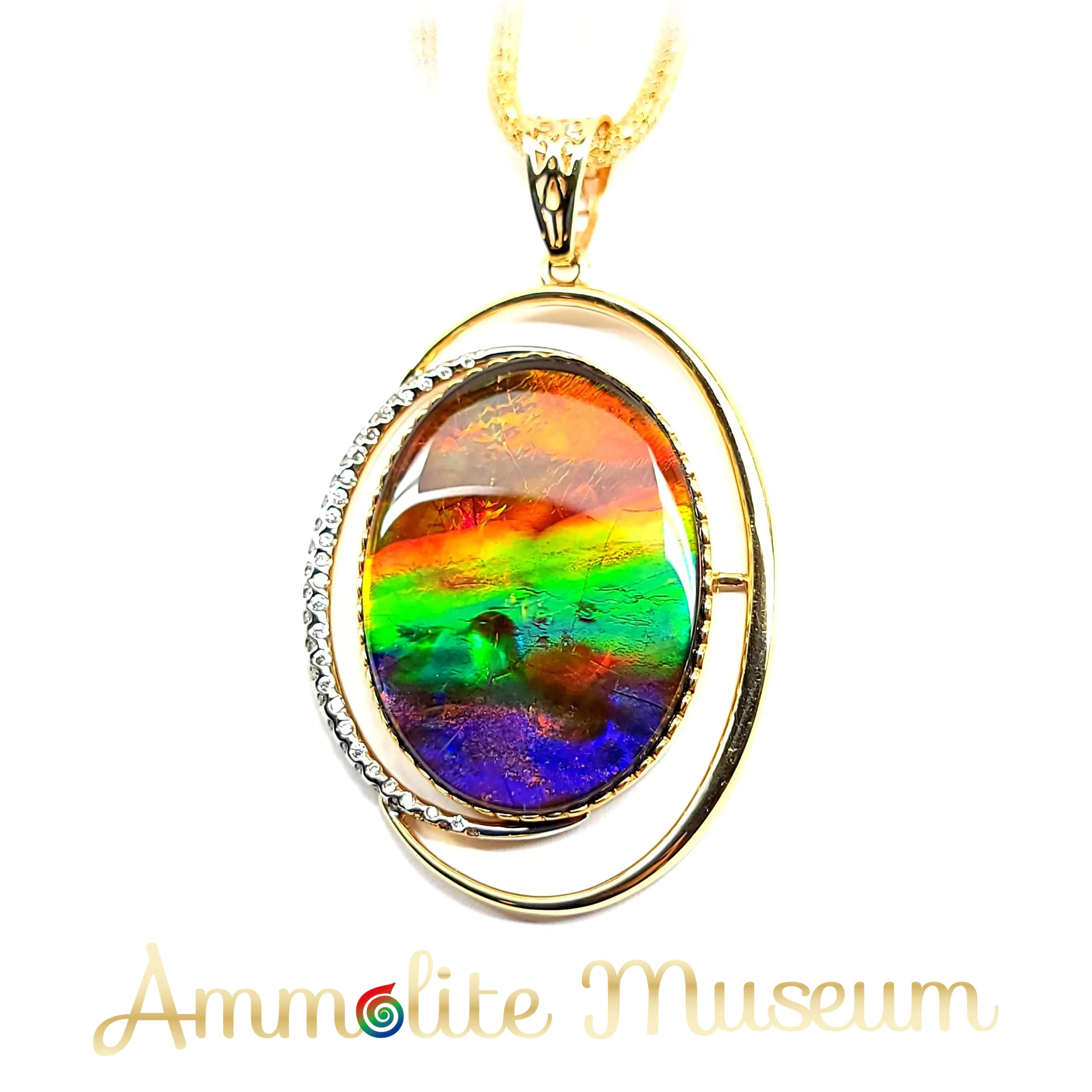 AURORA 14K Gold Classic Oval Ammolite Pendant with Diamond