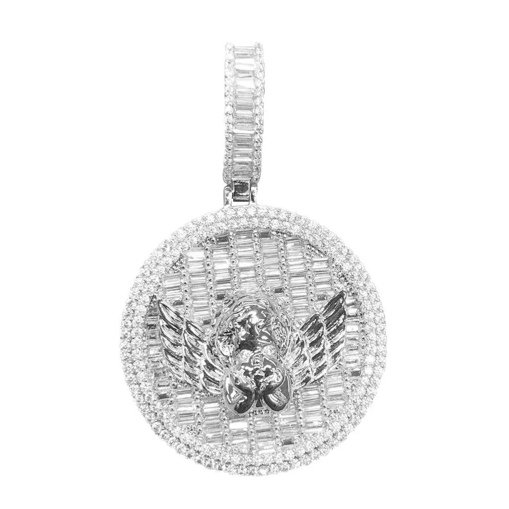 Baguette Angel Wings Icy Custom White Tone Hip Hop Pendant