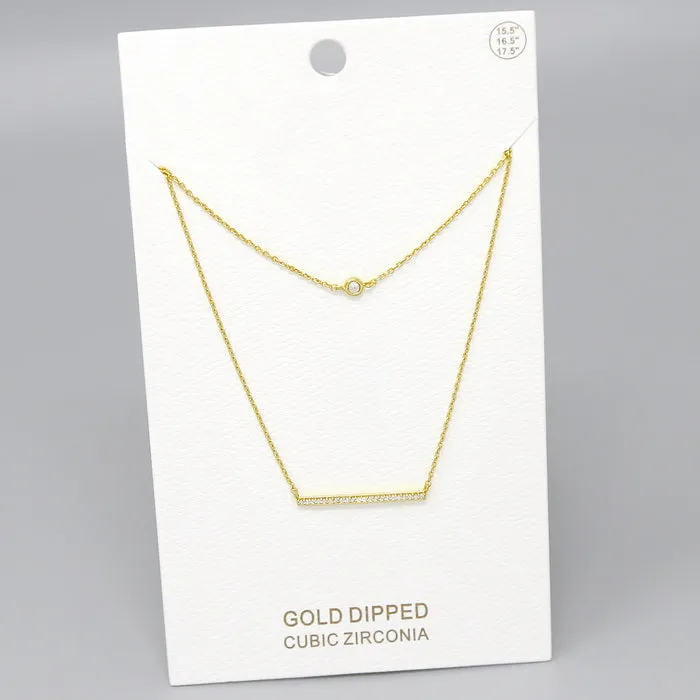 Bar CZ Pave Pendant Gold Dipped Layered Chain Necklace