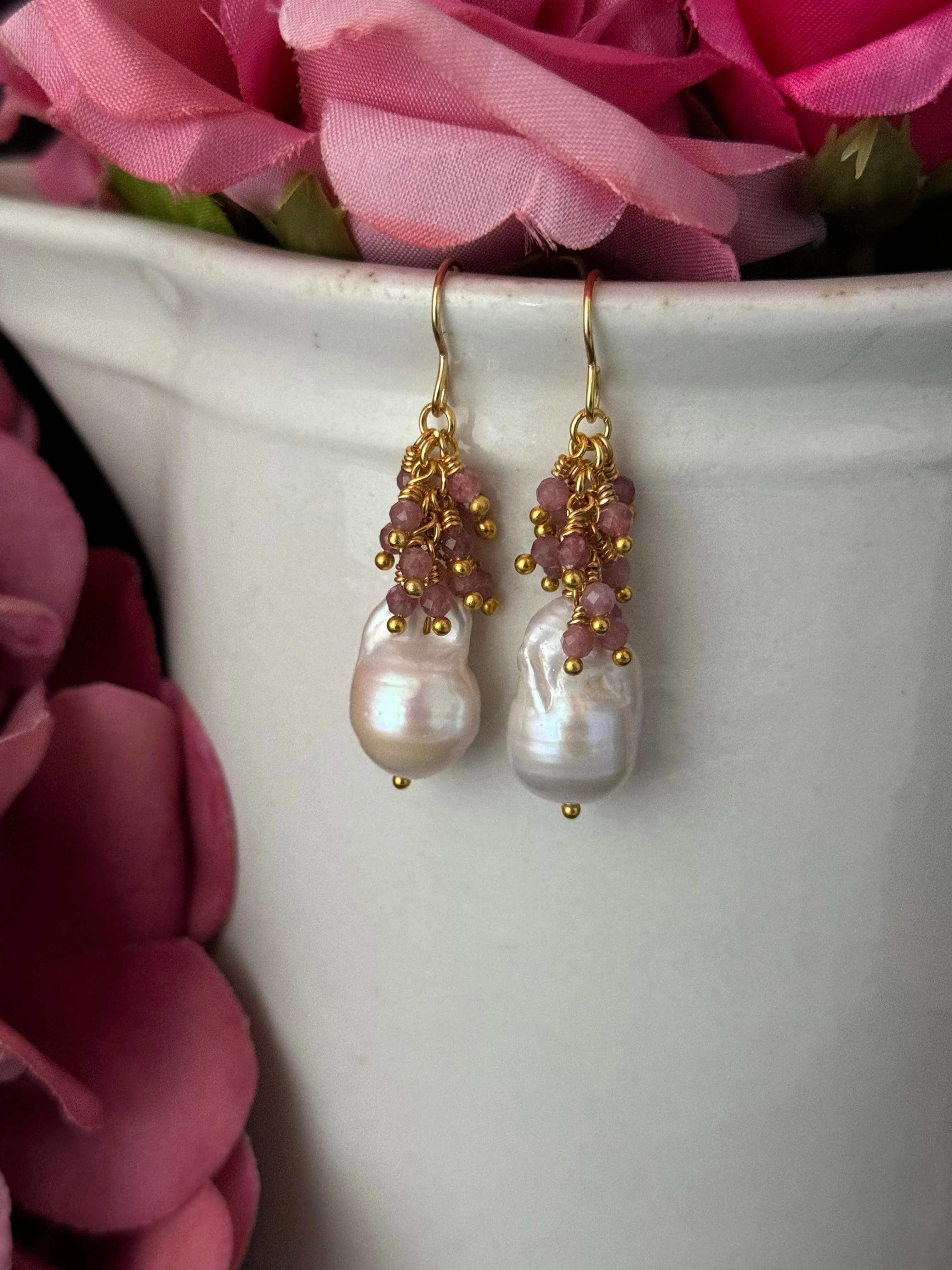 Baroque pearl, pink tourmaline stone, gold metal, drop earrings