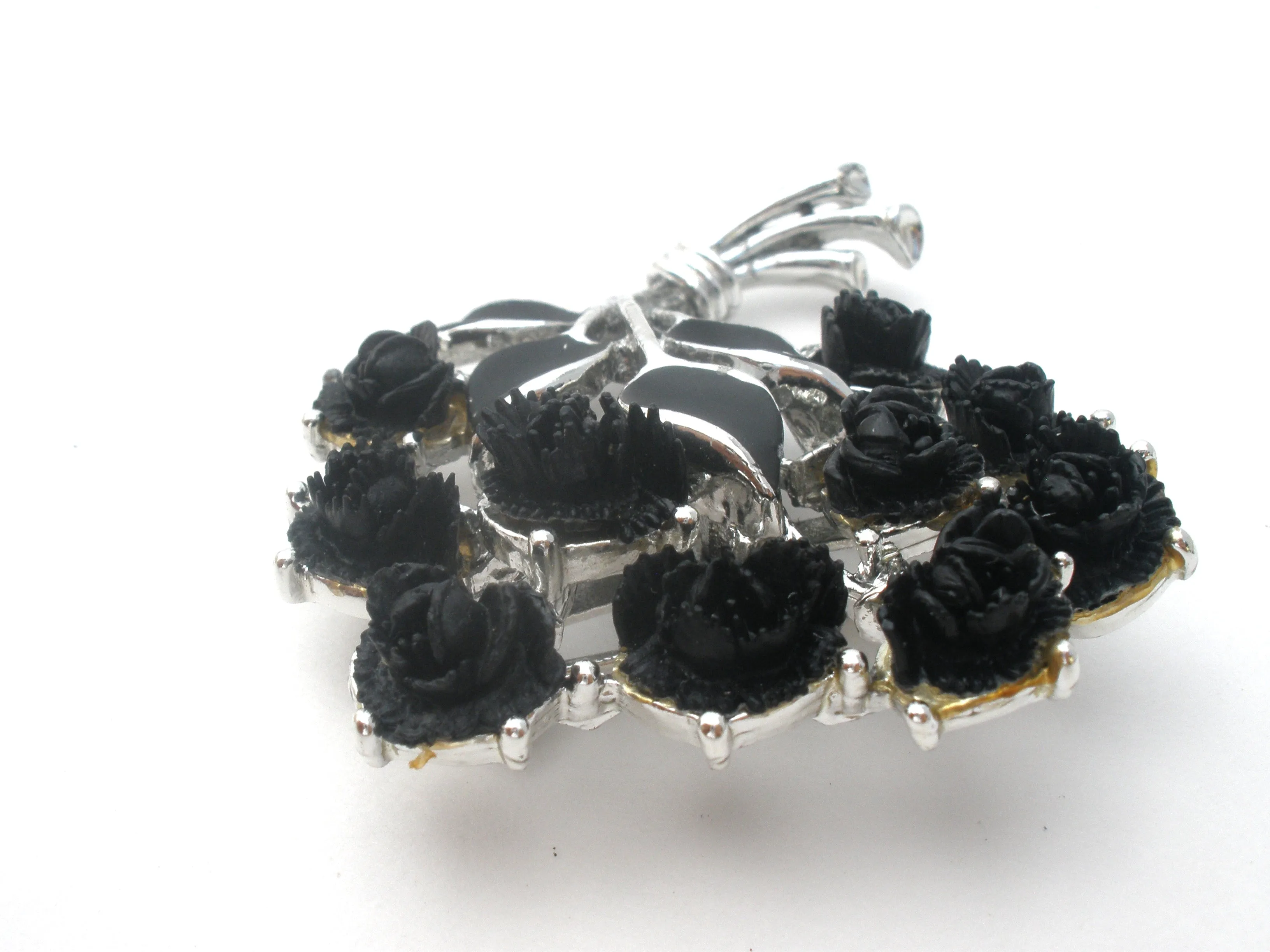 Black Thermoset Rose Brooch & Earrings Set J.J. Vintage