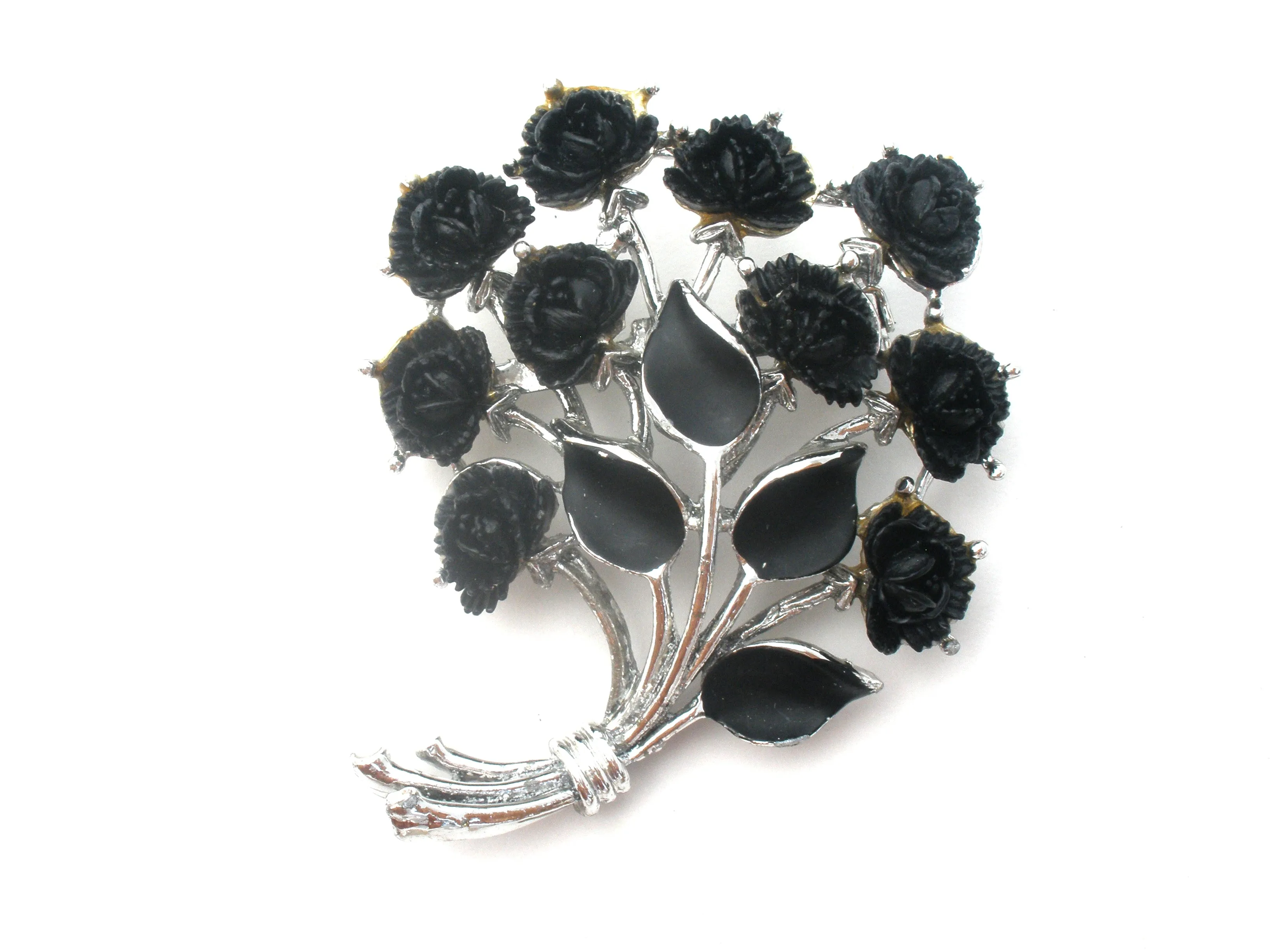 Black Thermoset Rose Brooch & Earrings Set J.J. Vintage