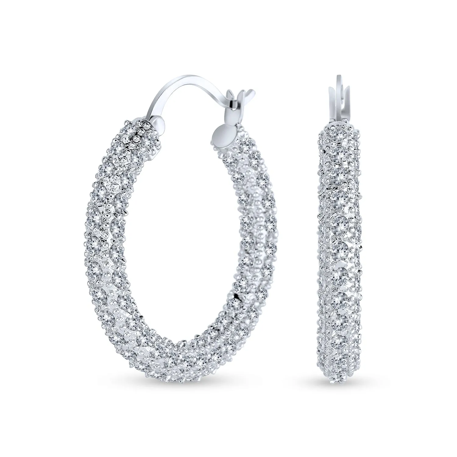 Bridal CZ Hoop Earrings Silver Plated Brass 1.3" Diameter Pave Statement Jewelry