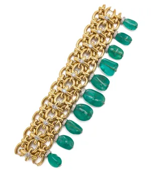 Brocade Bracelet, Hammered 18K Gold, Diamonds, Emerald