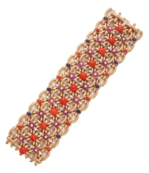 Brocade Bracelet, Hammered 18K Rose Gold, Pink Tourmaline, Coral