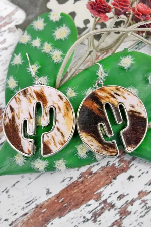 Brown Cowhide Cactus Cutout Earrings