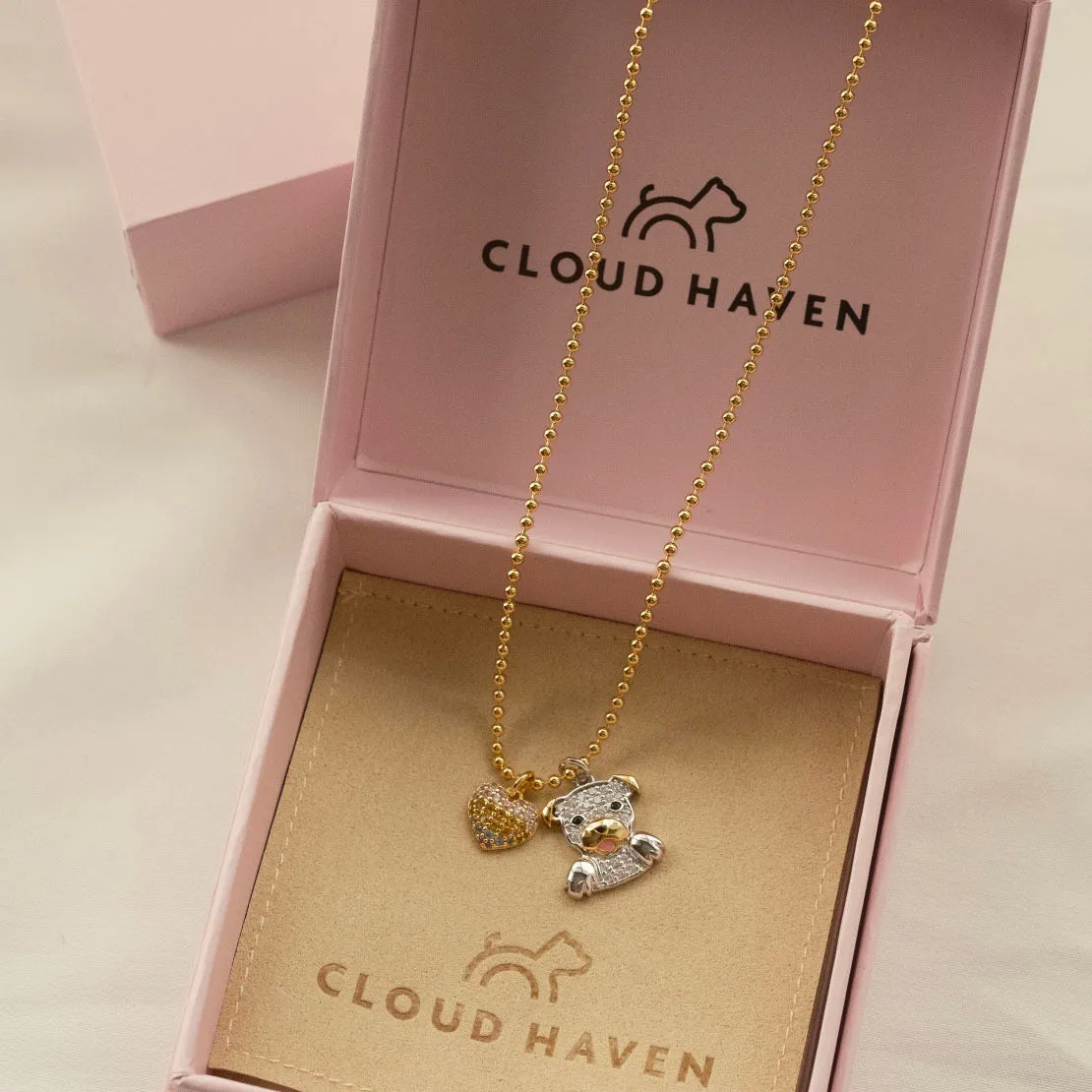 Cloud Haven CZ Pittie & Rainbow Heart Pendant Necklace