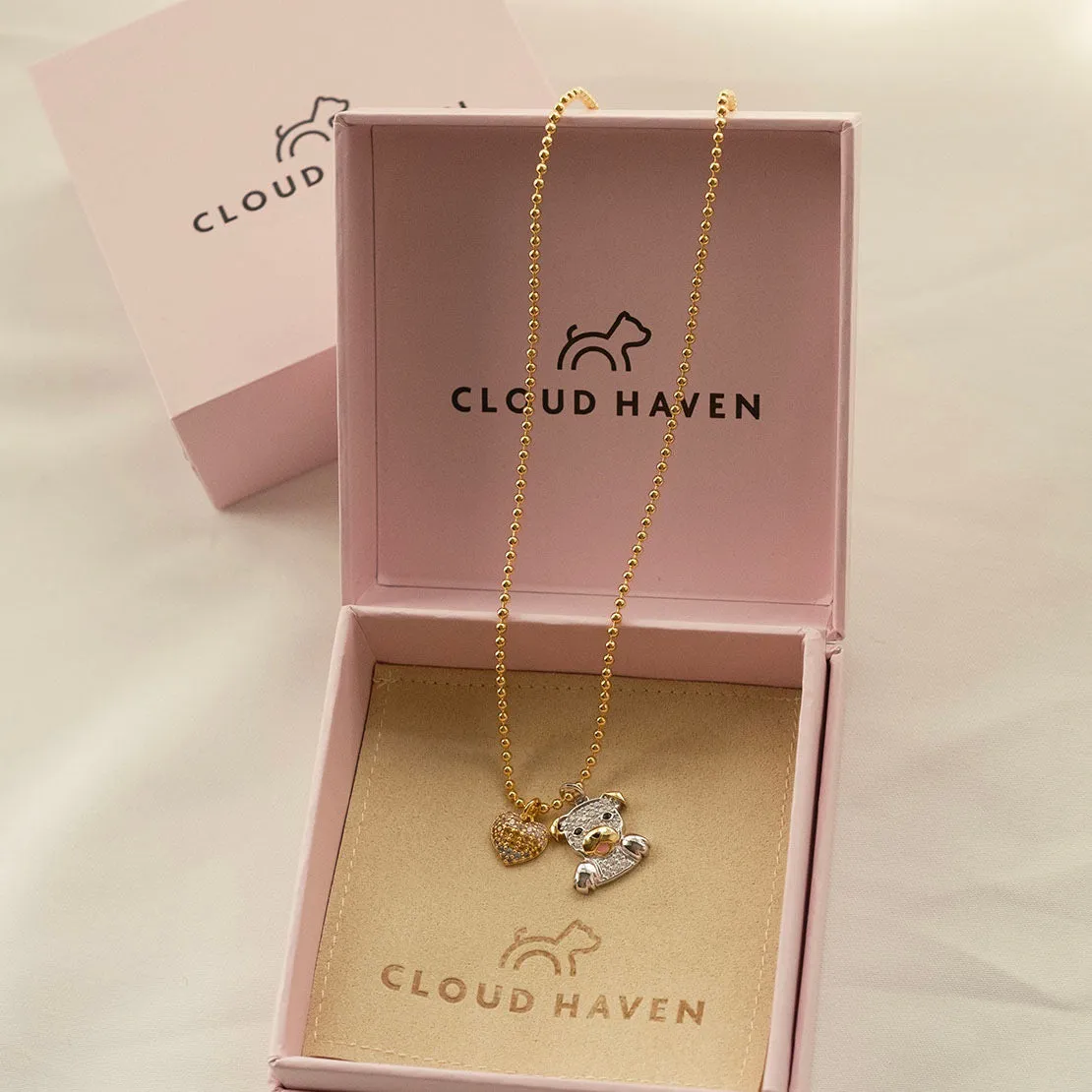 Cloud Haven CZ Pittie & Rainbow Heart Pendant Necklace