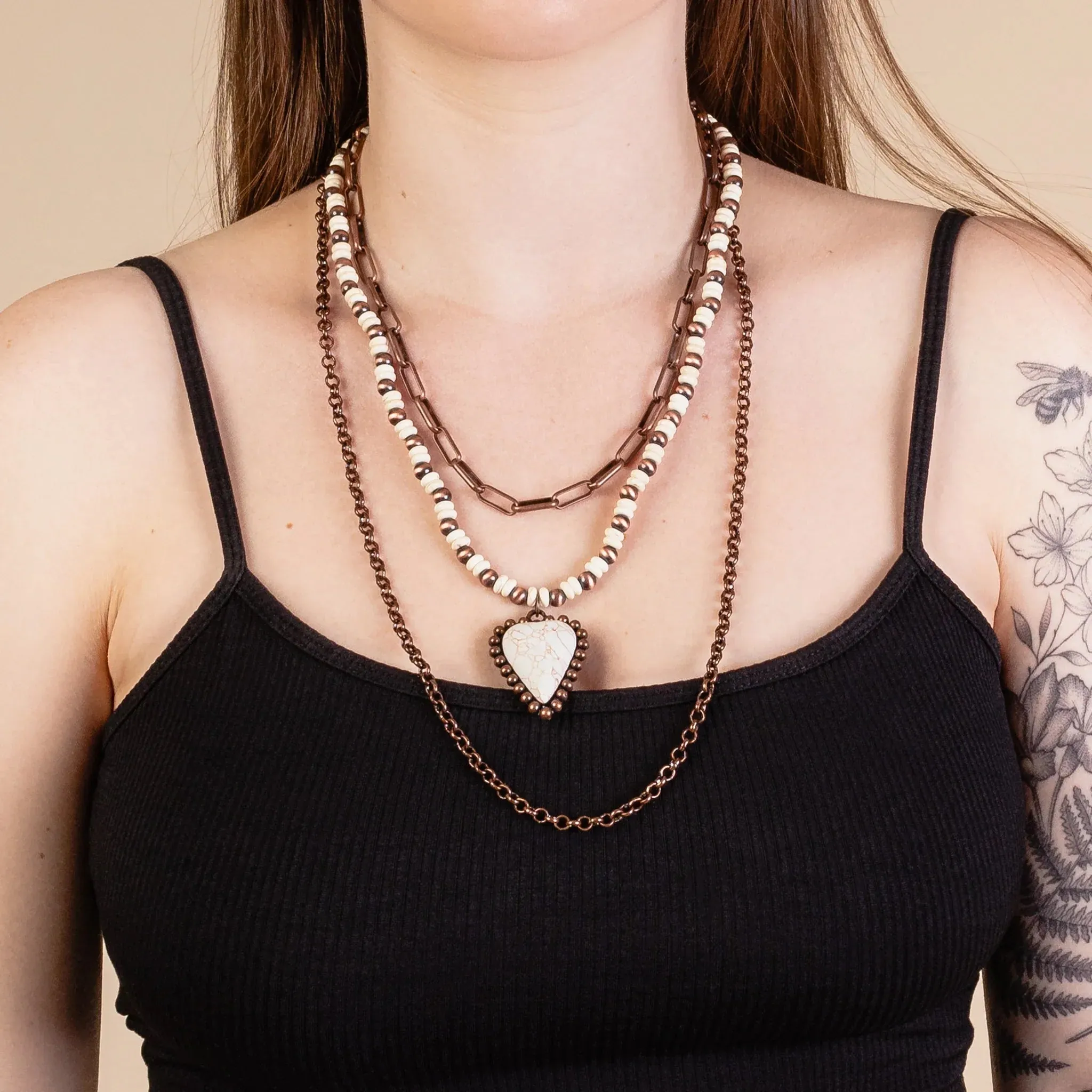 Cream Heart & Copper 3 strand layered necklace