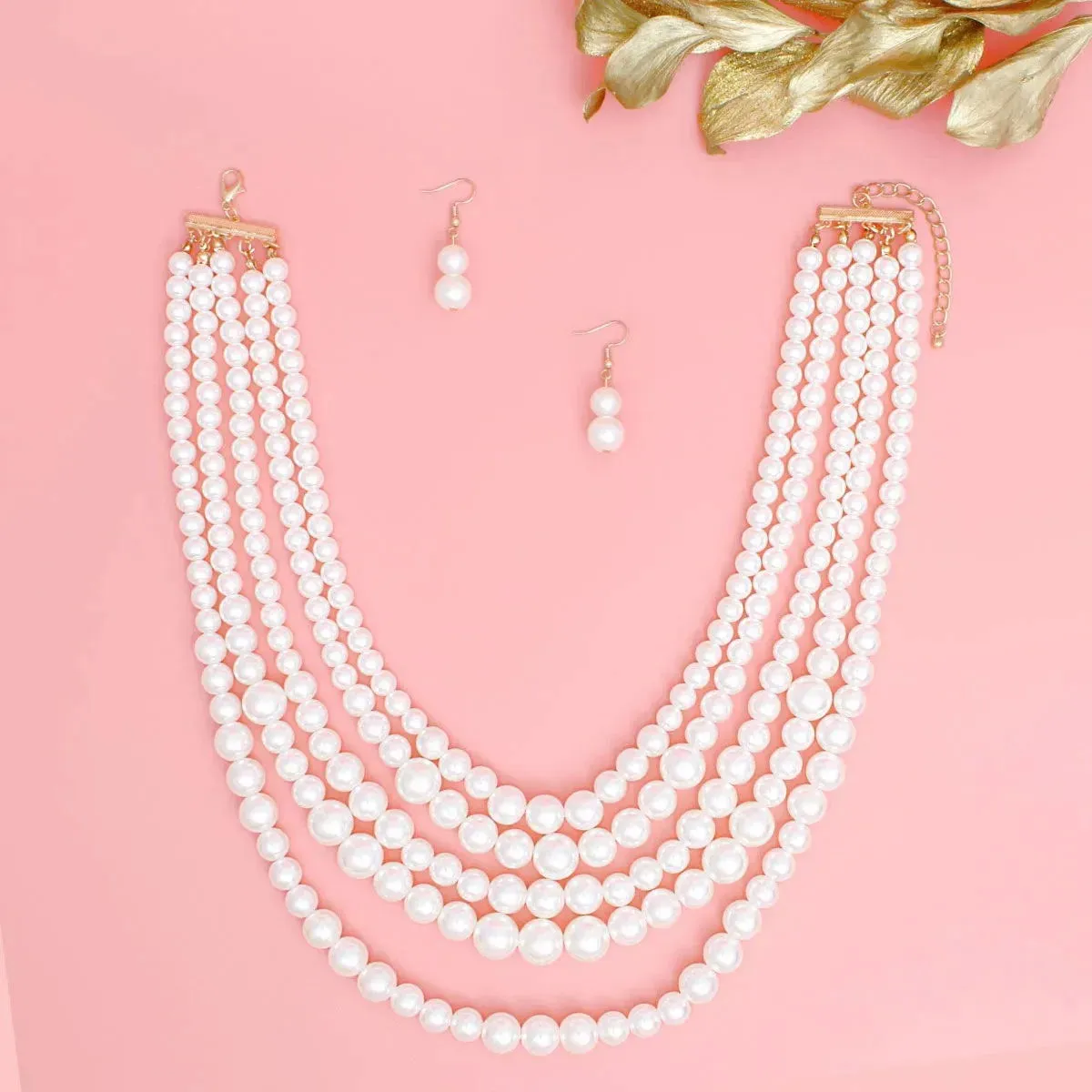 Cream Pearls Multi-Layer Necklace with Pearl Drop Earrings | Fashion Jewelry