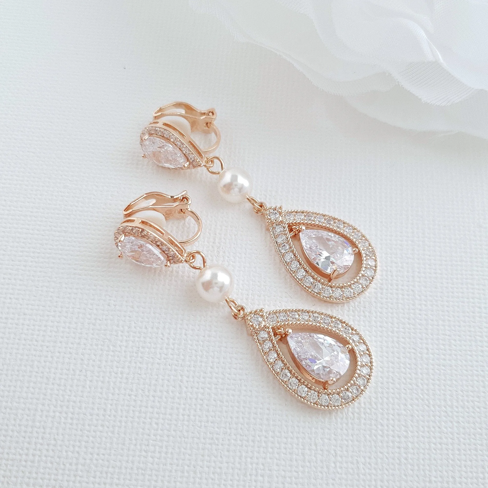 CZ Clip On Bridal Earrings in Rose Gold - Sarah