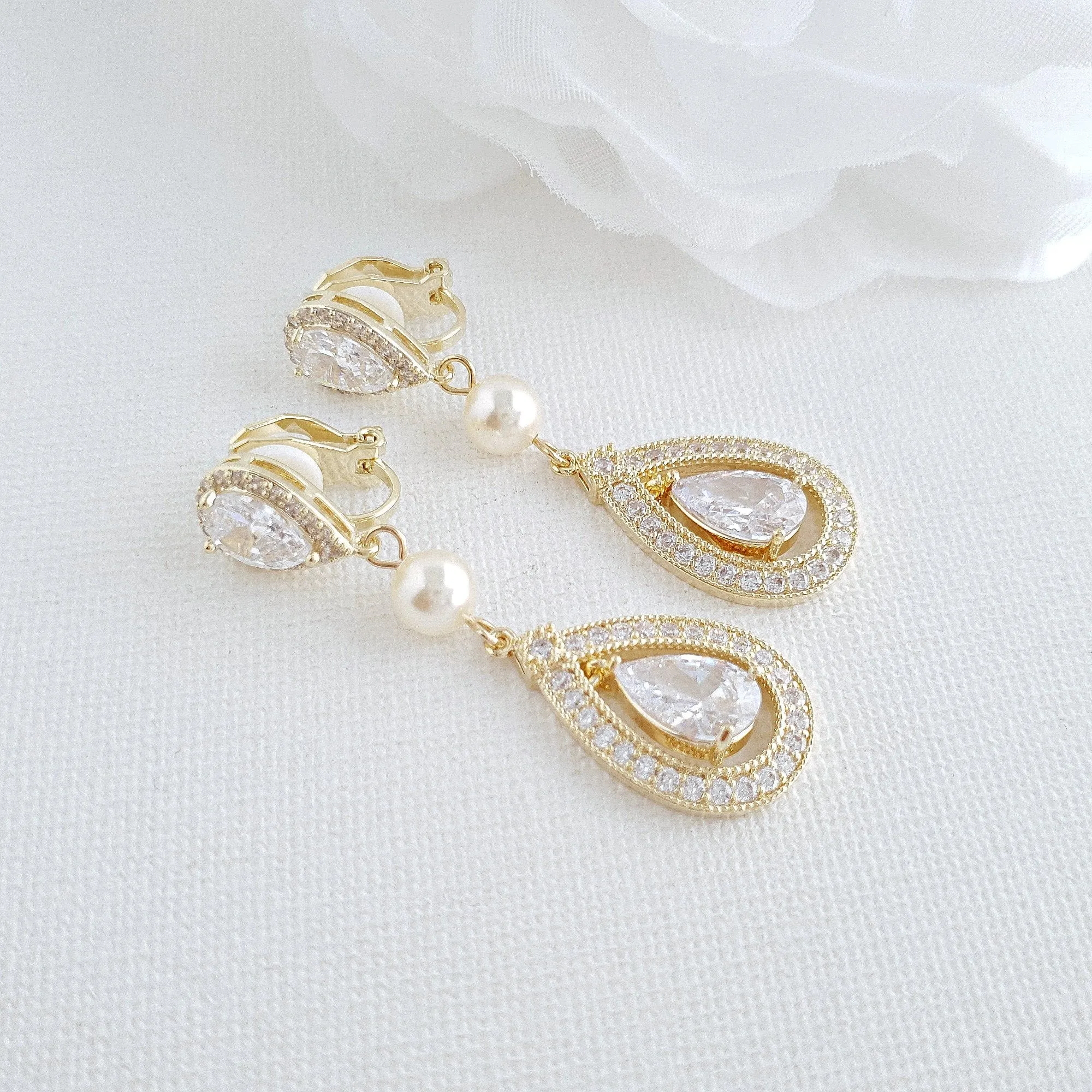 CZ Clip On Bridal Earrings in Rose Gold - Sarah