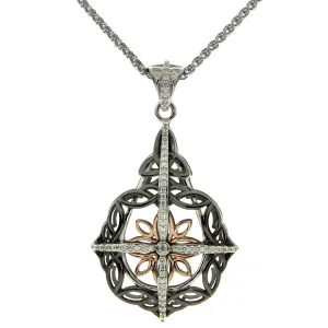 Darkened Silver and 10k Rose Gold Compass Pendant - Cubic Zirconia