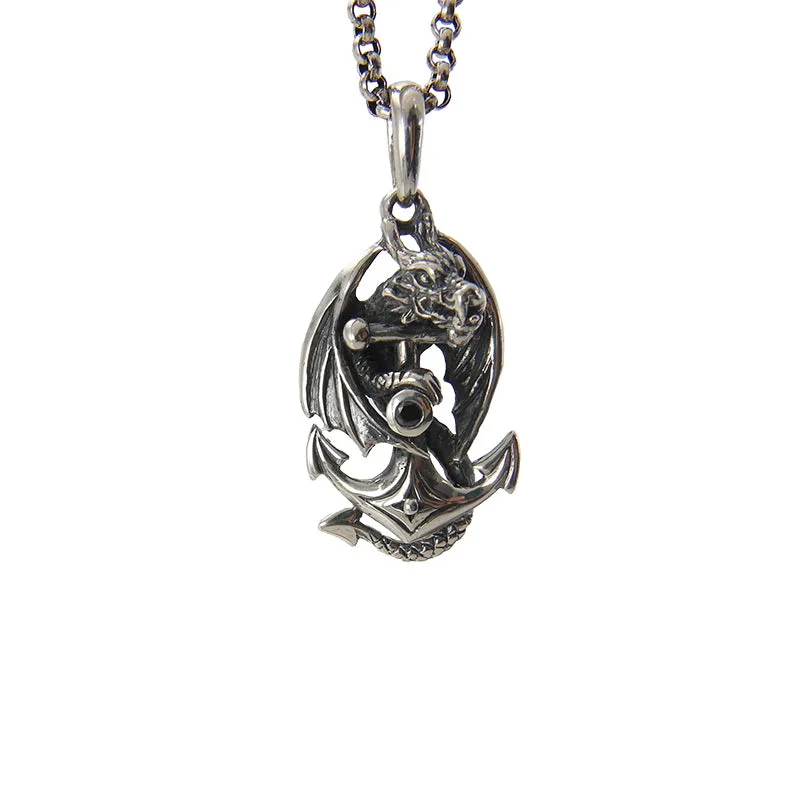 Dragon With Open Wings Warp on Anchor with Black CZ (Medium Size) Sterling Silver Necklace