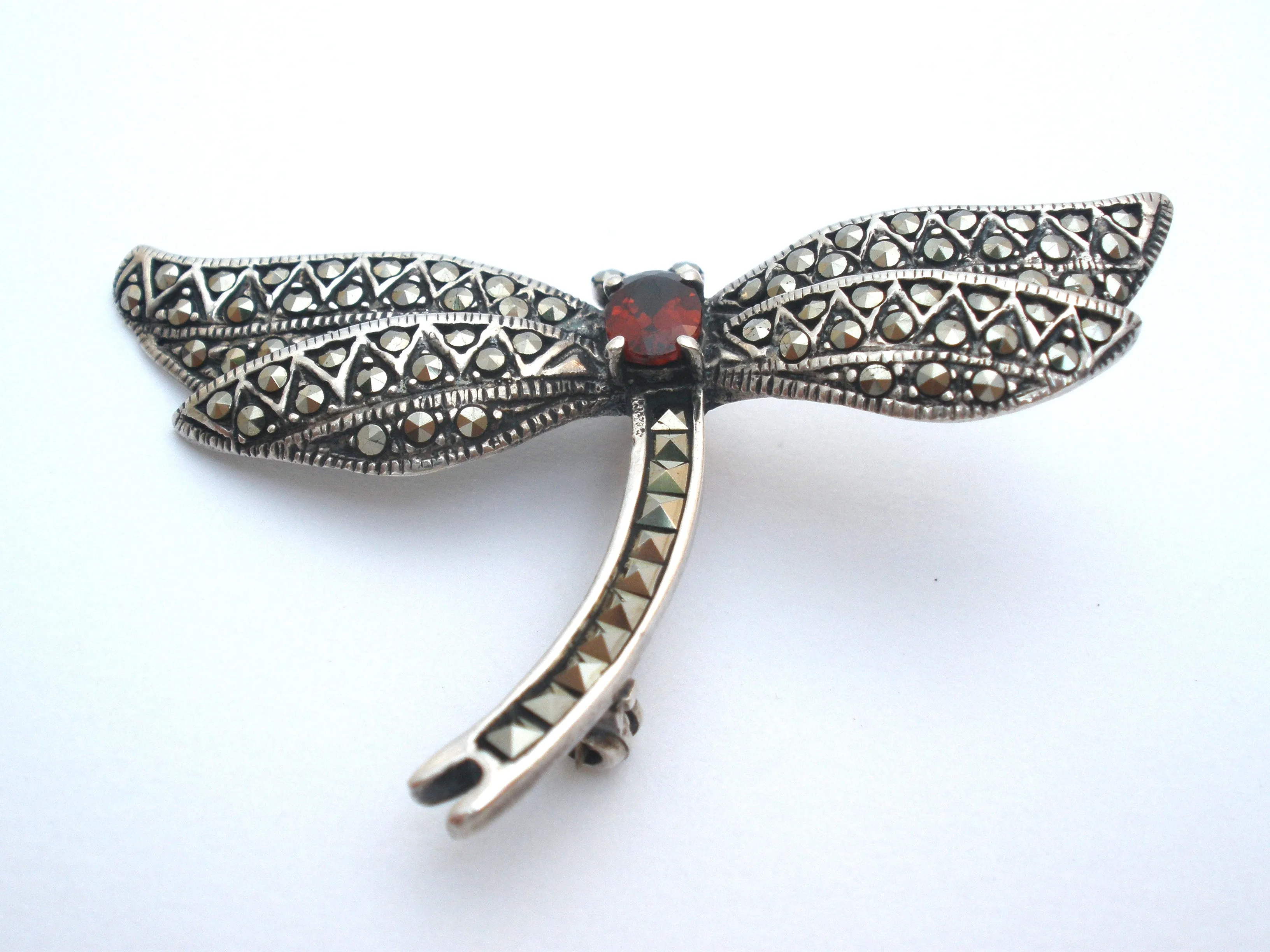 Dragonfly Brooch Pin With Garnet & Marcasites